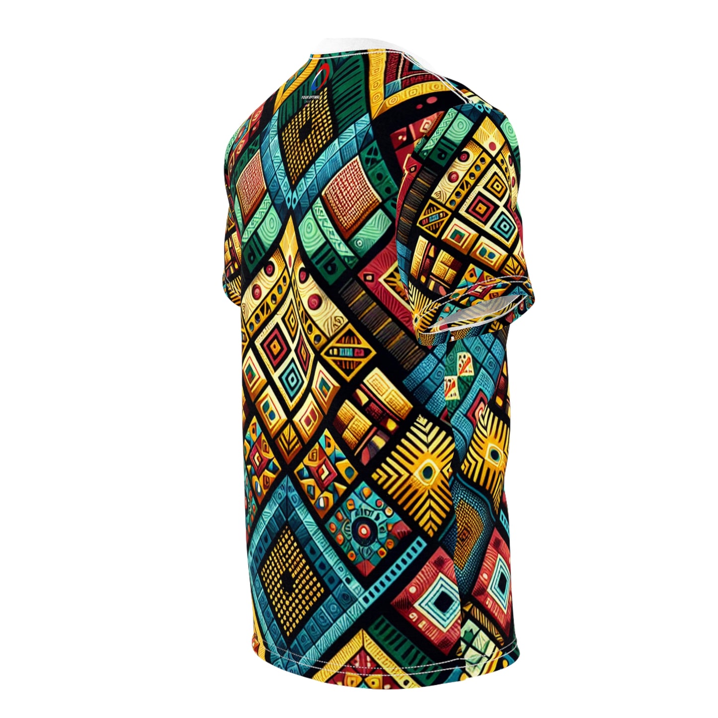 Vibrant African Folklore Geometric Diamond Tribal Pattern T-Shirt, Bold Primary Colors - African Tribal Pattern-Inspired Tee