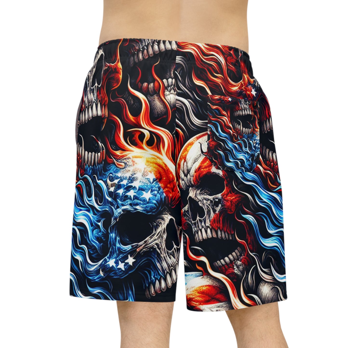 Iconic Inferno Skulls: Patriotic Blaze Tattoo-Style Shorts - Patriotic Streetwear Shorts