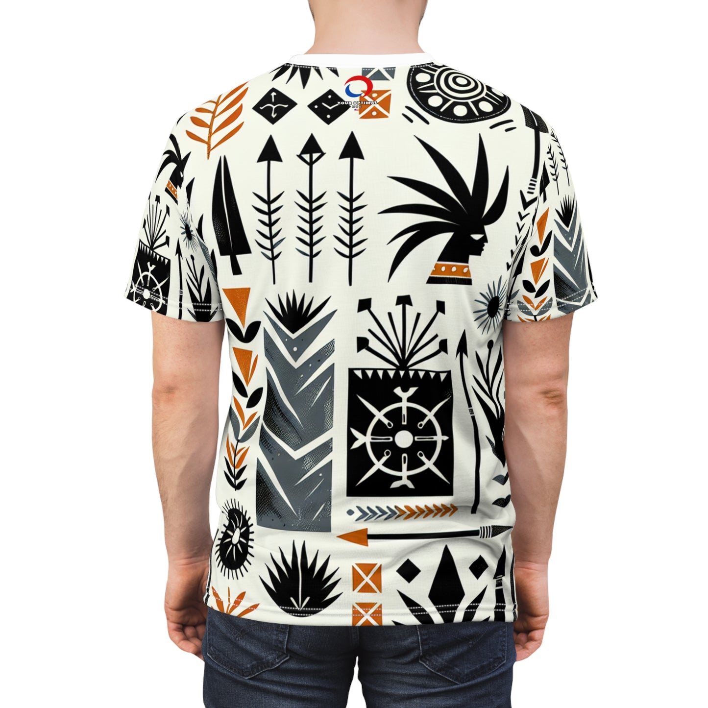 Modern African Artistry Tee: Monochromatic Spearhead & Shield Pattern + Orange Accents - African Tribal Pattern-Inspired