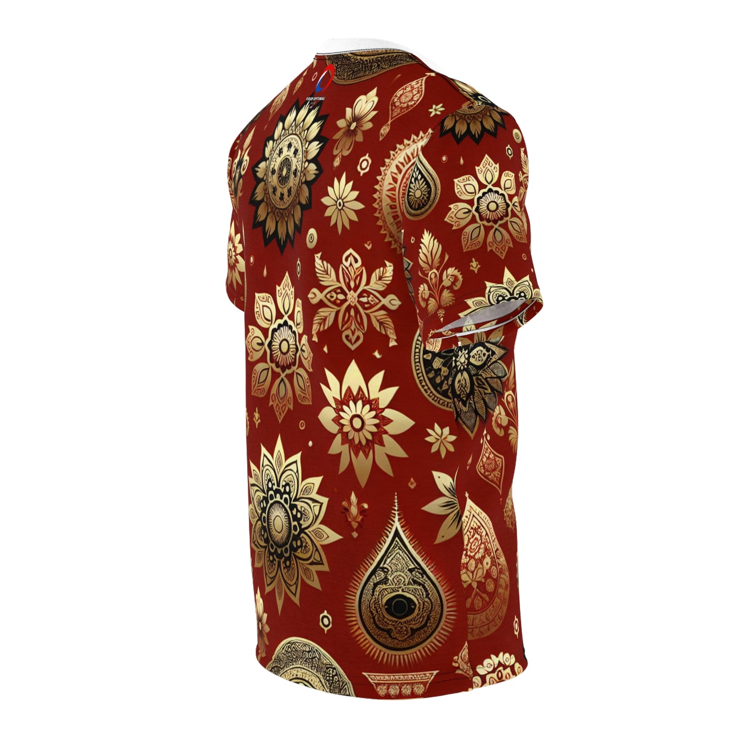Traditional Indian Motif Collection T-Shirt - Seamless Print with Intricate Floral and Geometric Shapes Subtly Scattered on Vibrant Red
