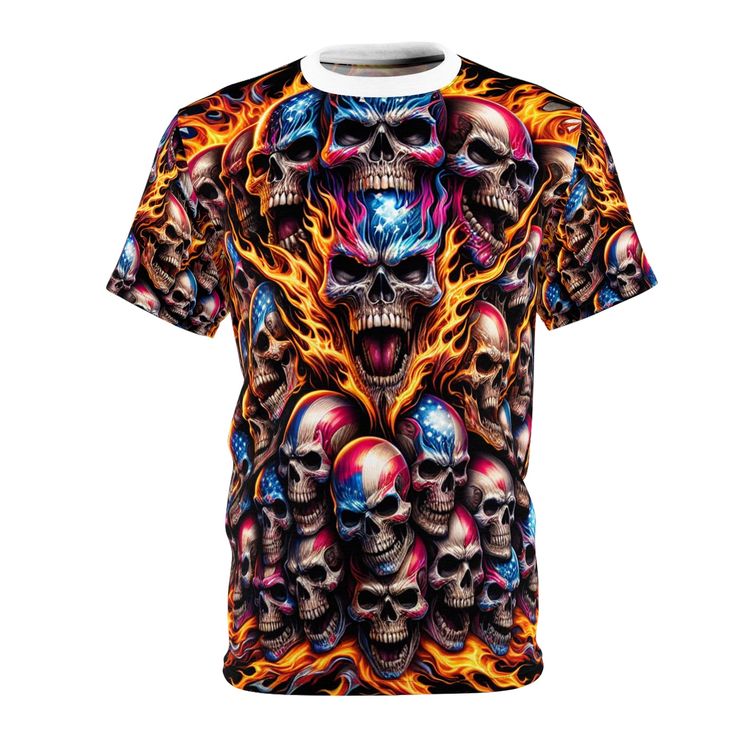 Patriotic Inferno: Skull Blaze Artistry Tee - Patriotic Streetwear Tee