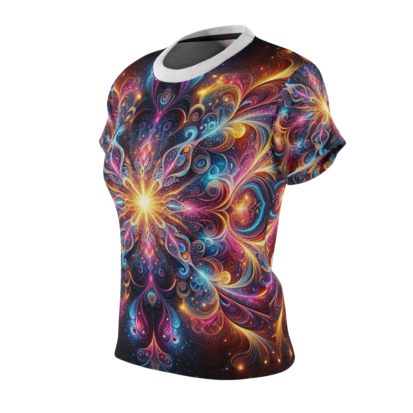 Psychedelic Mandala Women's T-Shirt - Cosmic Blue, Pink, Orange & Yellow Radiant Design on Dark Backdrop - Women's Trippy Tee