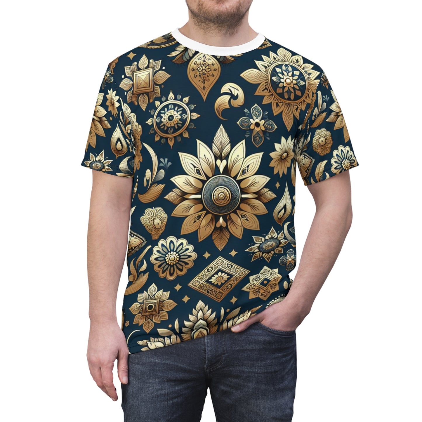 Indian Heritage Gold Motif Seamless Pattern T-Shirt - Shiny Gold Traditional Motifs on Rich Blue Background - Intricate Floral and Geometric Design Tee