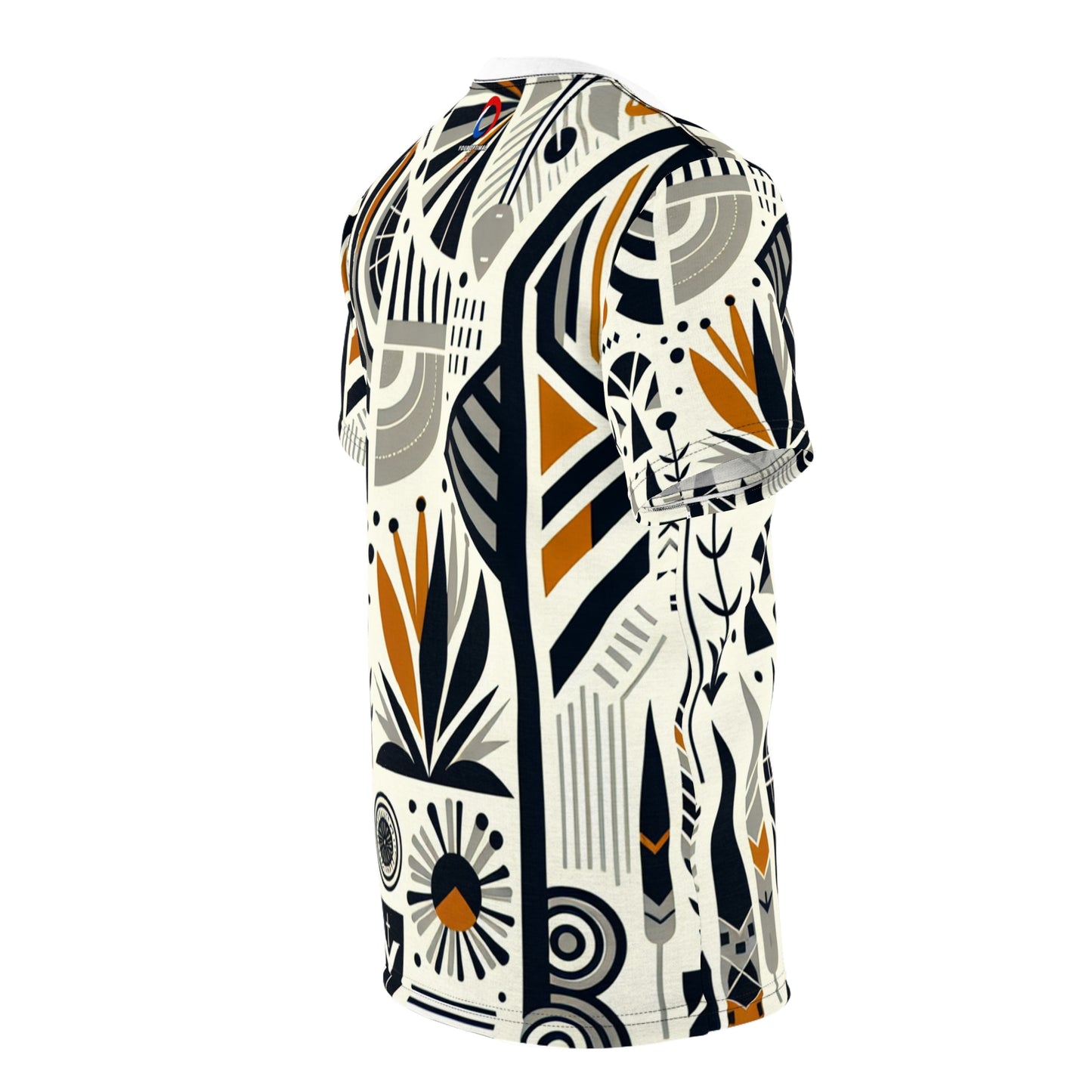 Modern African-Graphic Fusion Tee - Monochrome & Orange, Nature-Warfare Symbols - African Tribal Pattern-Inspired