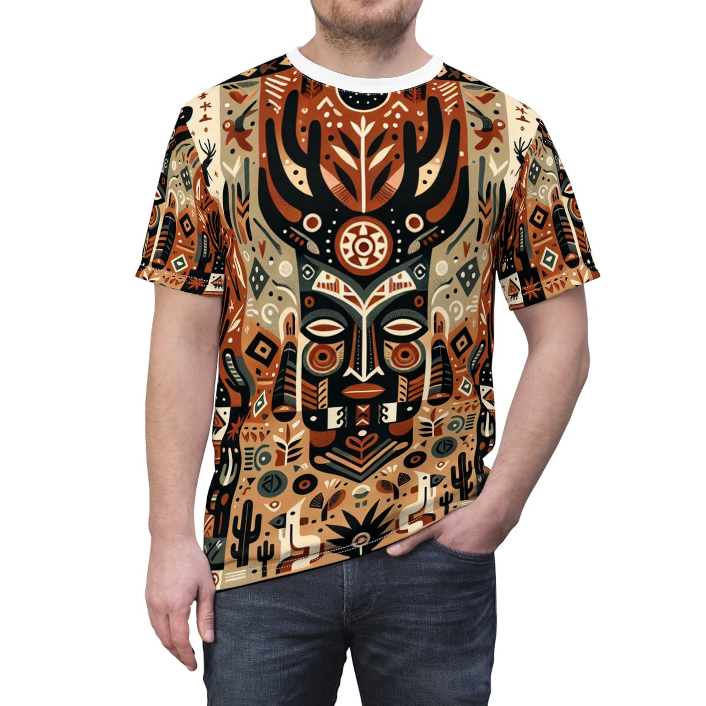 African-Desert Fusion Tee: Tribal Totem and Southwest Nature Tapestry in Earthy Tones - African Tribal Pattern-Inspired