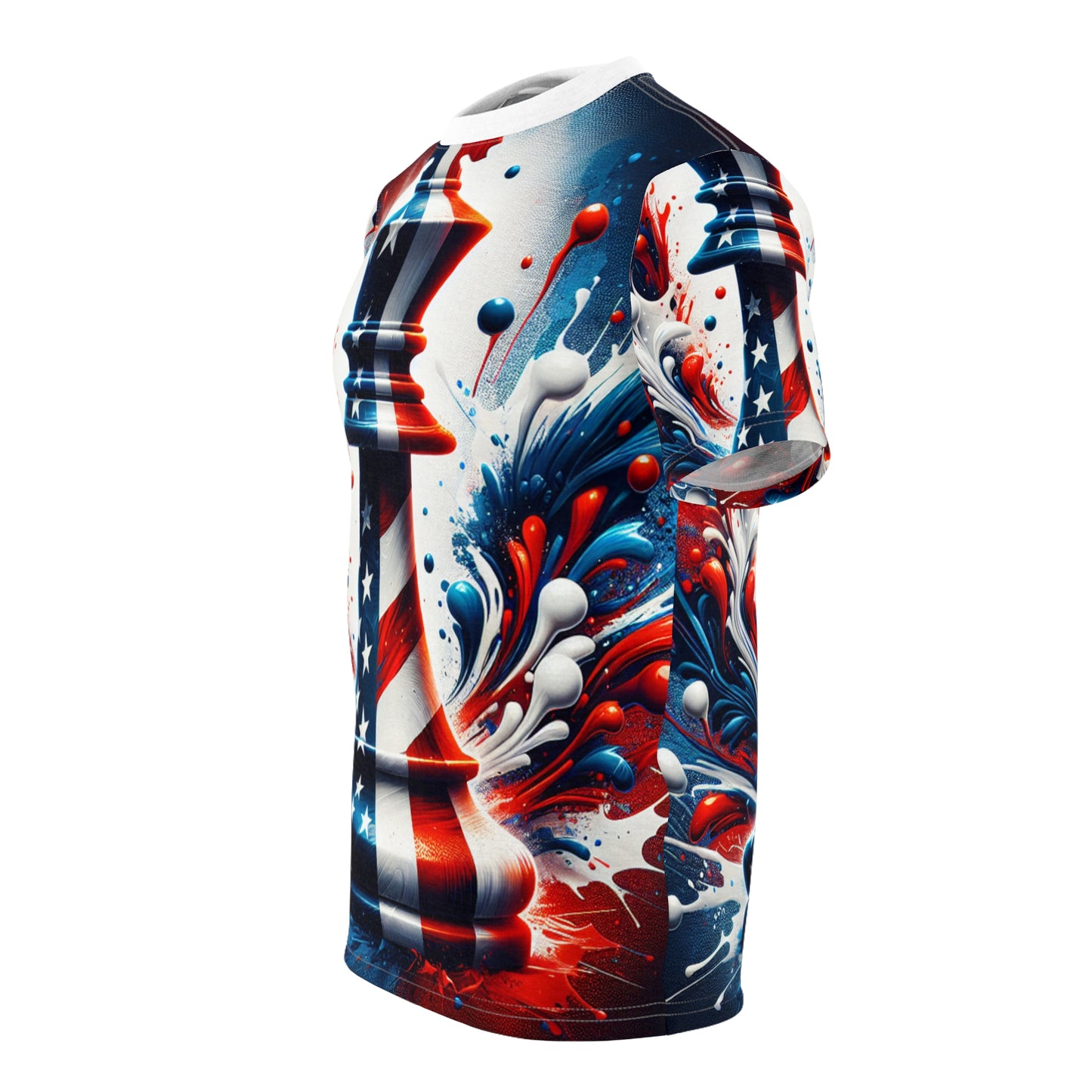 Strategic American Pride: Artistically Rendered Chess King Piece T-Shirt Embossed with Dynamic USA Flag Design - Patriotic Streetwear Tee
