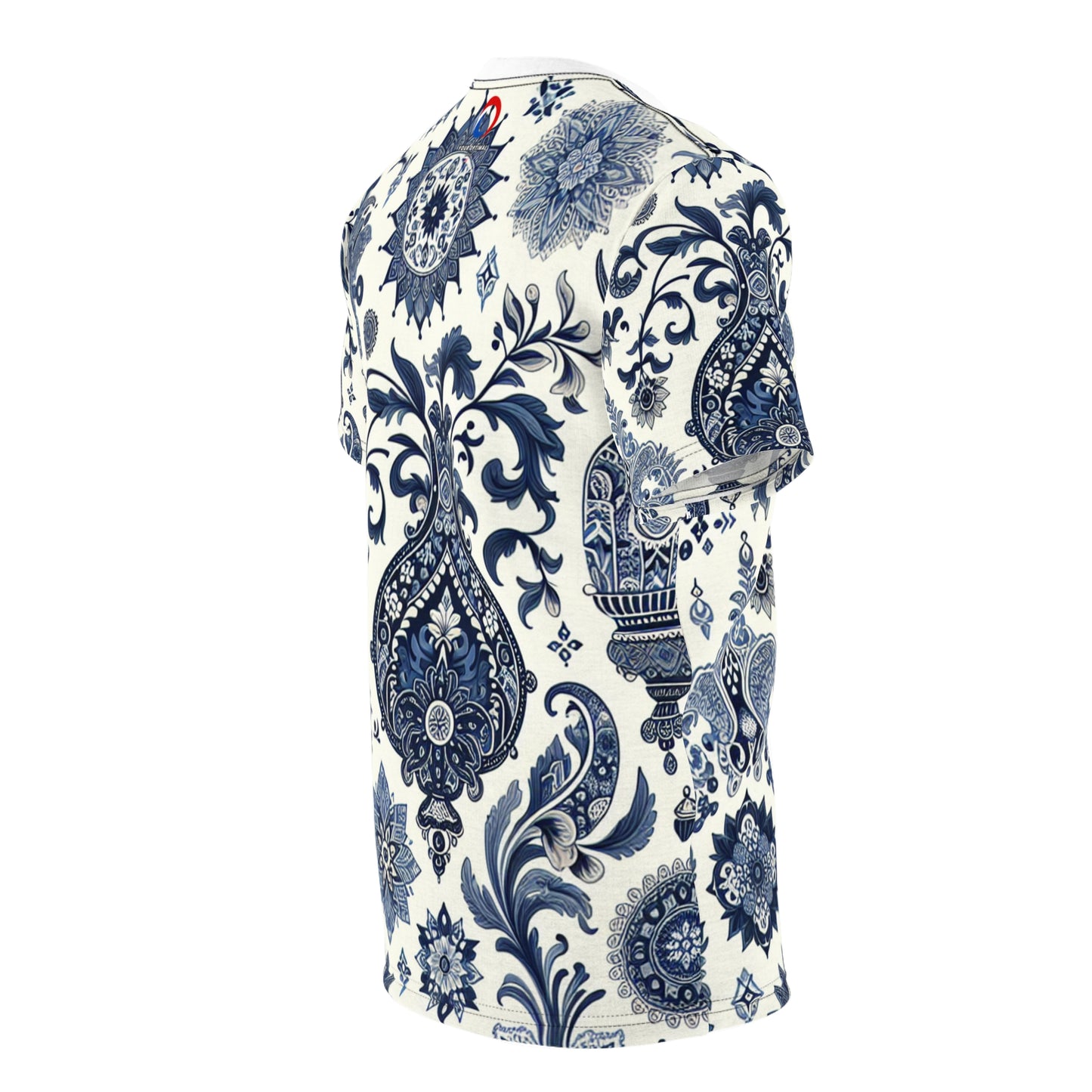 Classic Indian Motif Seamless Pattern T-shirt - Intricately Designed Floral Geometry in Blue & White Aesthetic - Rich Heritage of Indian Motifs Tee
