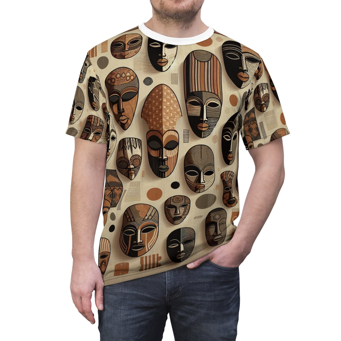Modern African Heritage T-Shirt: Monochrome Masks in Rich Tapestry Design with Orange Accents - African Tribal Pattern-Inspired Tee