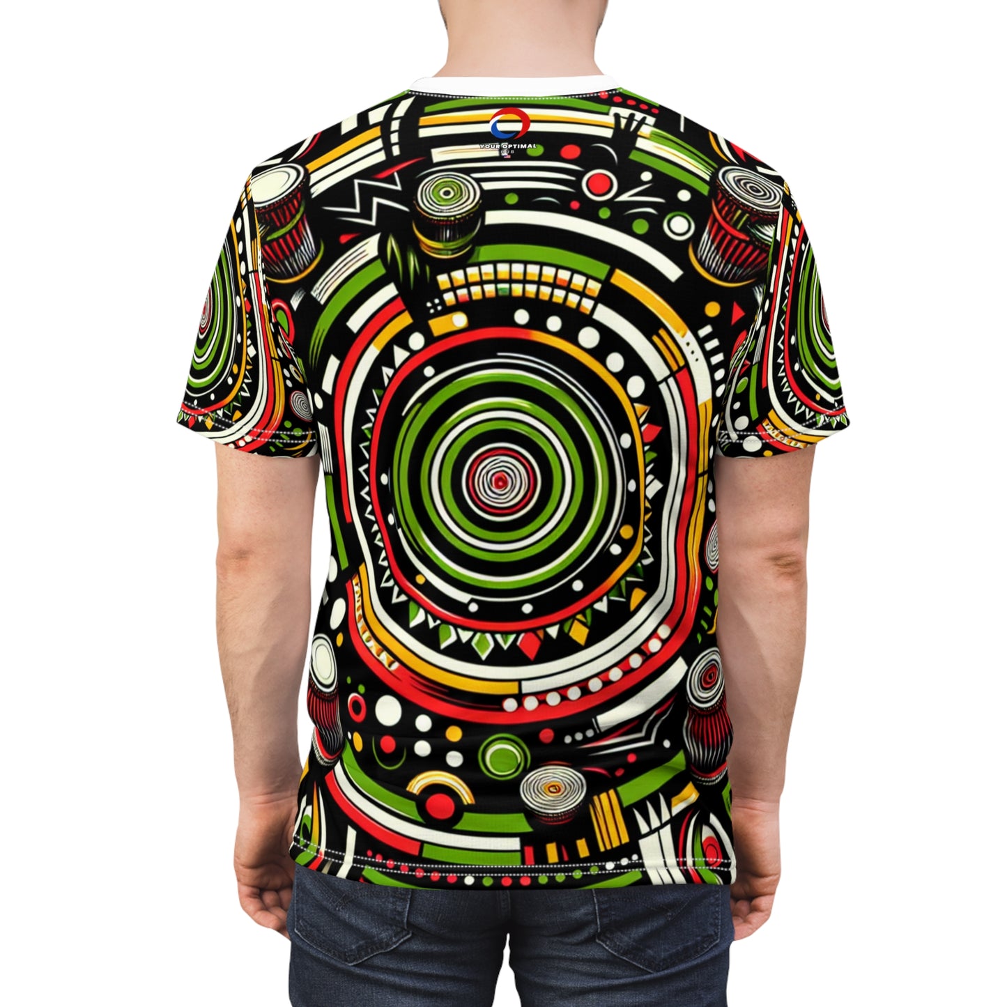 African Rhythm Dance Party T-Shirt: Bold Circles & Radiating Lines in Vibrant Hues - African Tribal Pattern-Inspired Tee