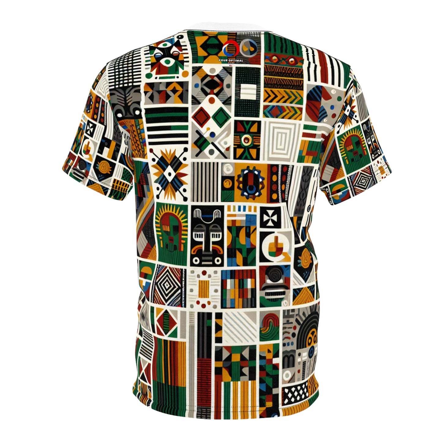 Pan-African Pride T-shirt: Bold Geometric & Cultural Symbols in Vibrant Kente Collage - African Tribal Pattern-Inspired Tee