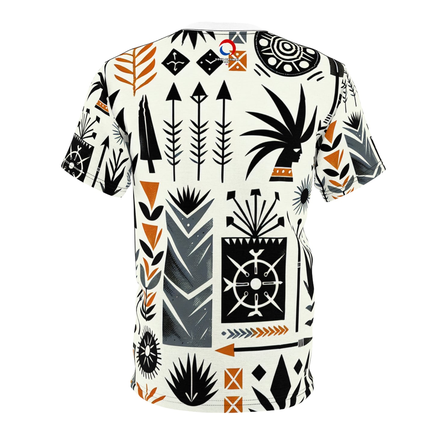 Modern African Artistry Tee: Monochromatic Spearhead & Shield Pattern + Orange Accents - African Tribal Pattern-Inspired