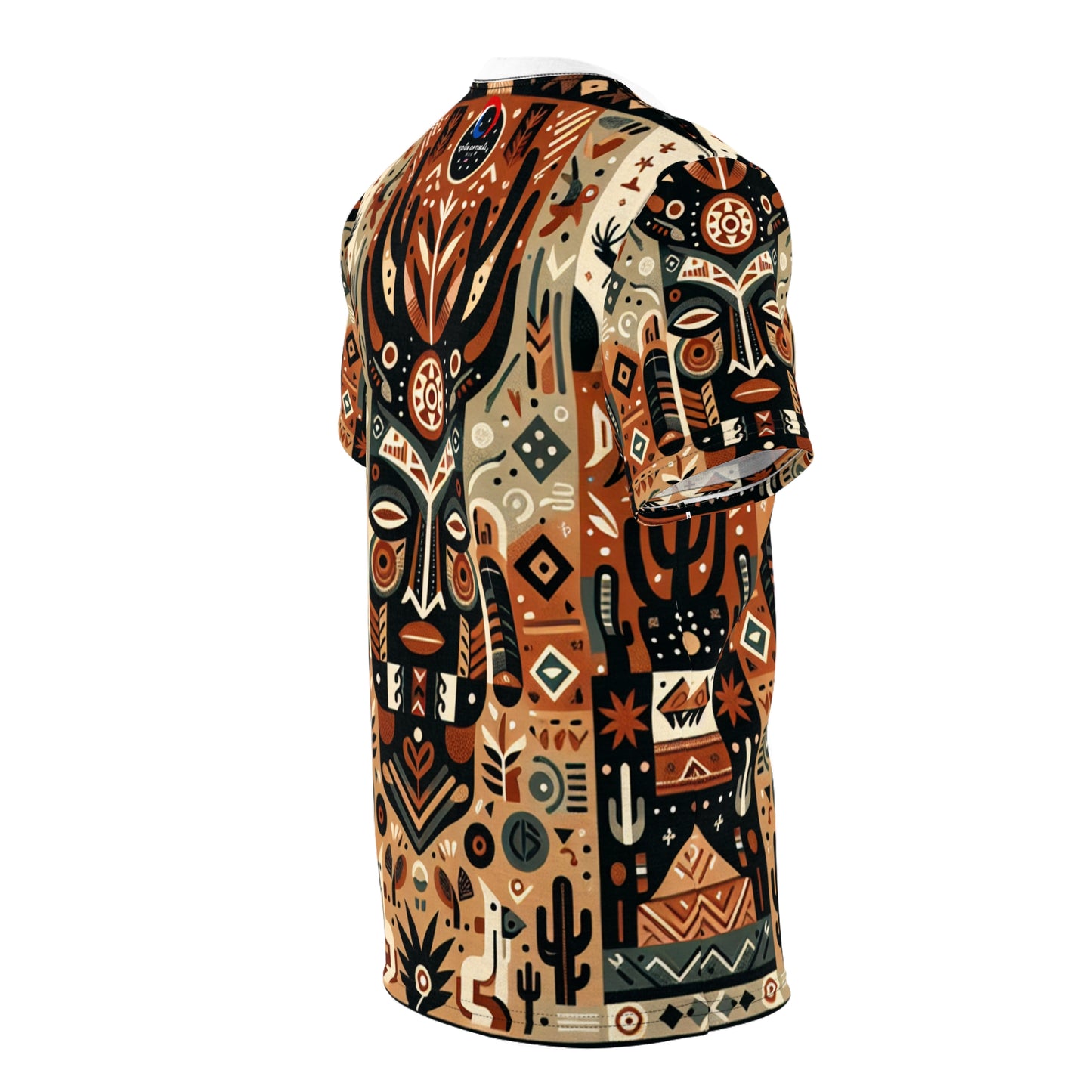 African-Desert Fusion Tee: Tribal Totem and Southwest Nature Tapestry in Earthy Tones - African Tribal Pattern-Inspired