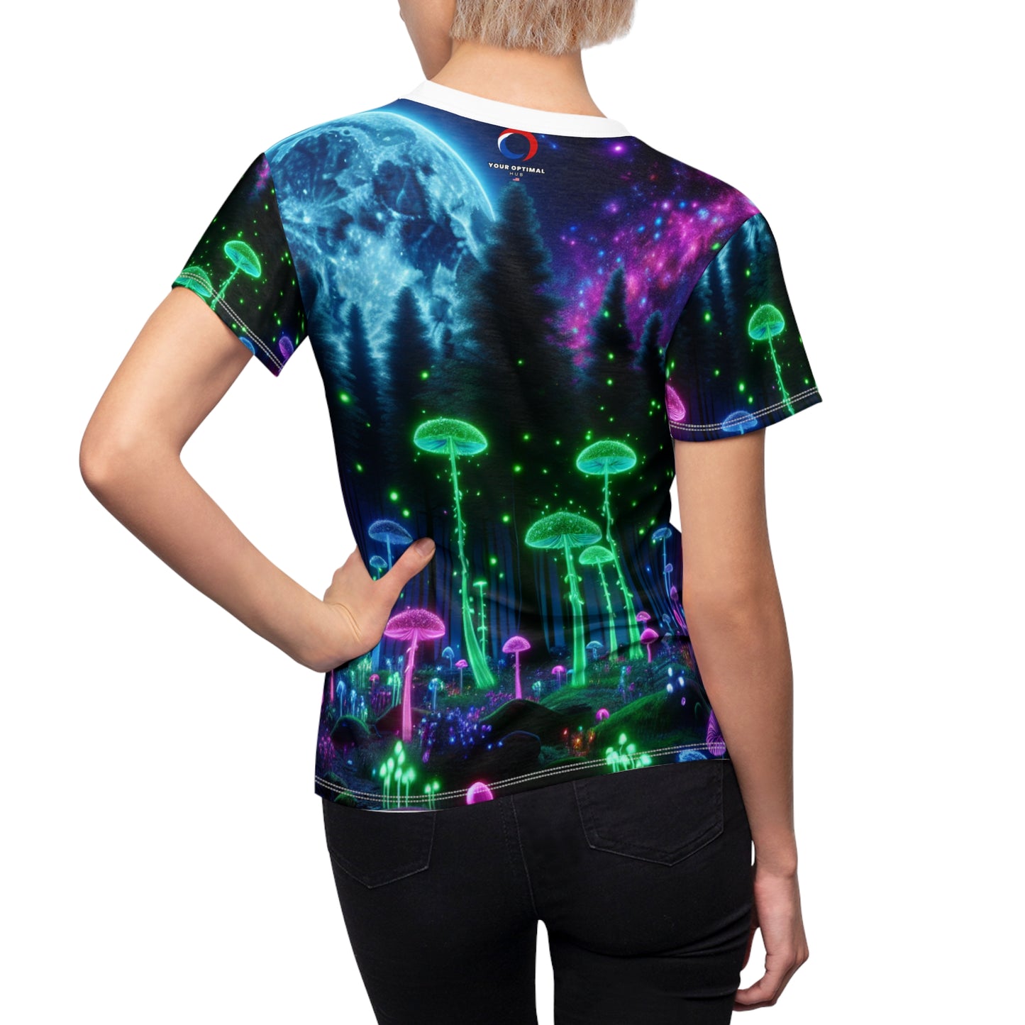 Surreal Ultraviolet Full Moon Forest Tee - Neon Mushrooms, Fluorescent Flora, Ethereal Fireflies Women's Top - Women's Blacklight Tee