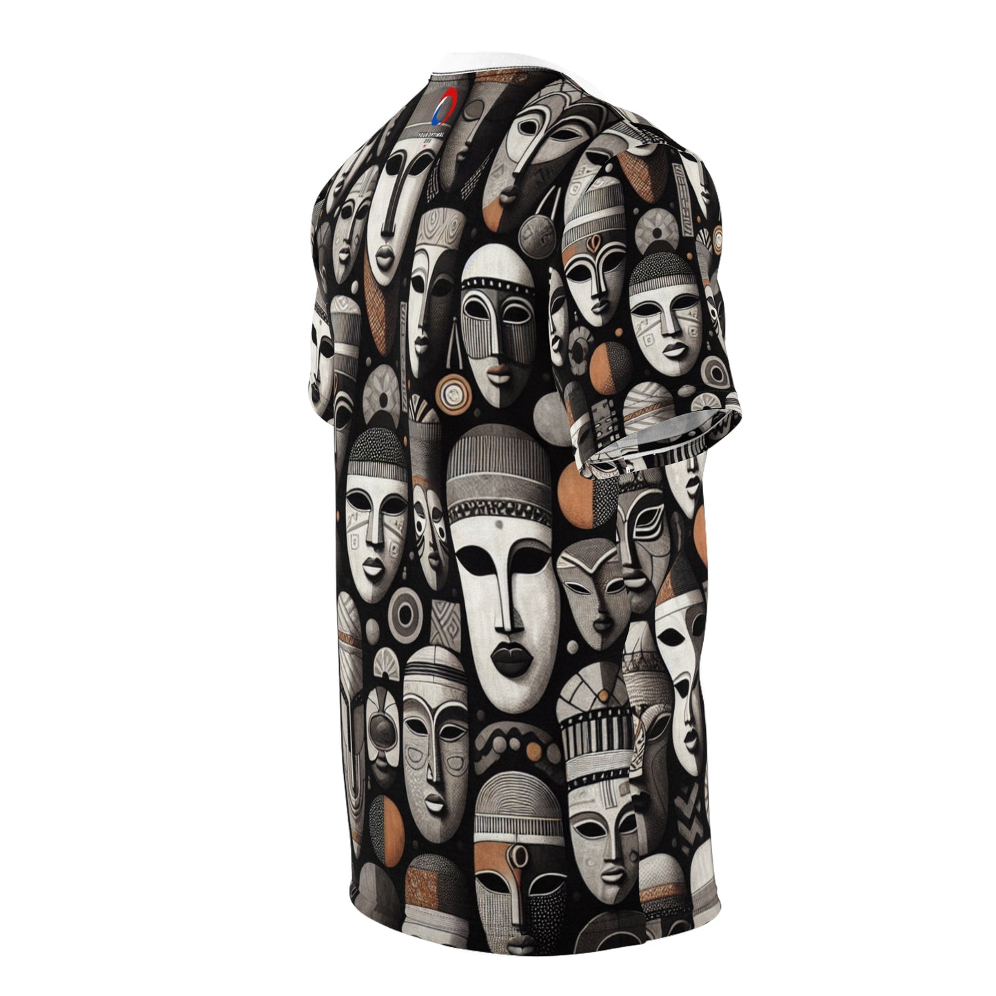 Chic African Heritage Tapestry T-Shirt- Modern Monochrome Masks with Orange Accents - African Tribal Pattern-Inspired Tee