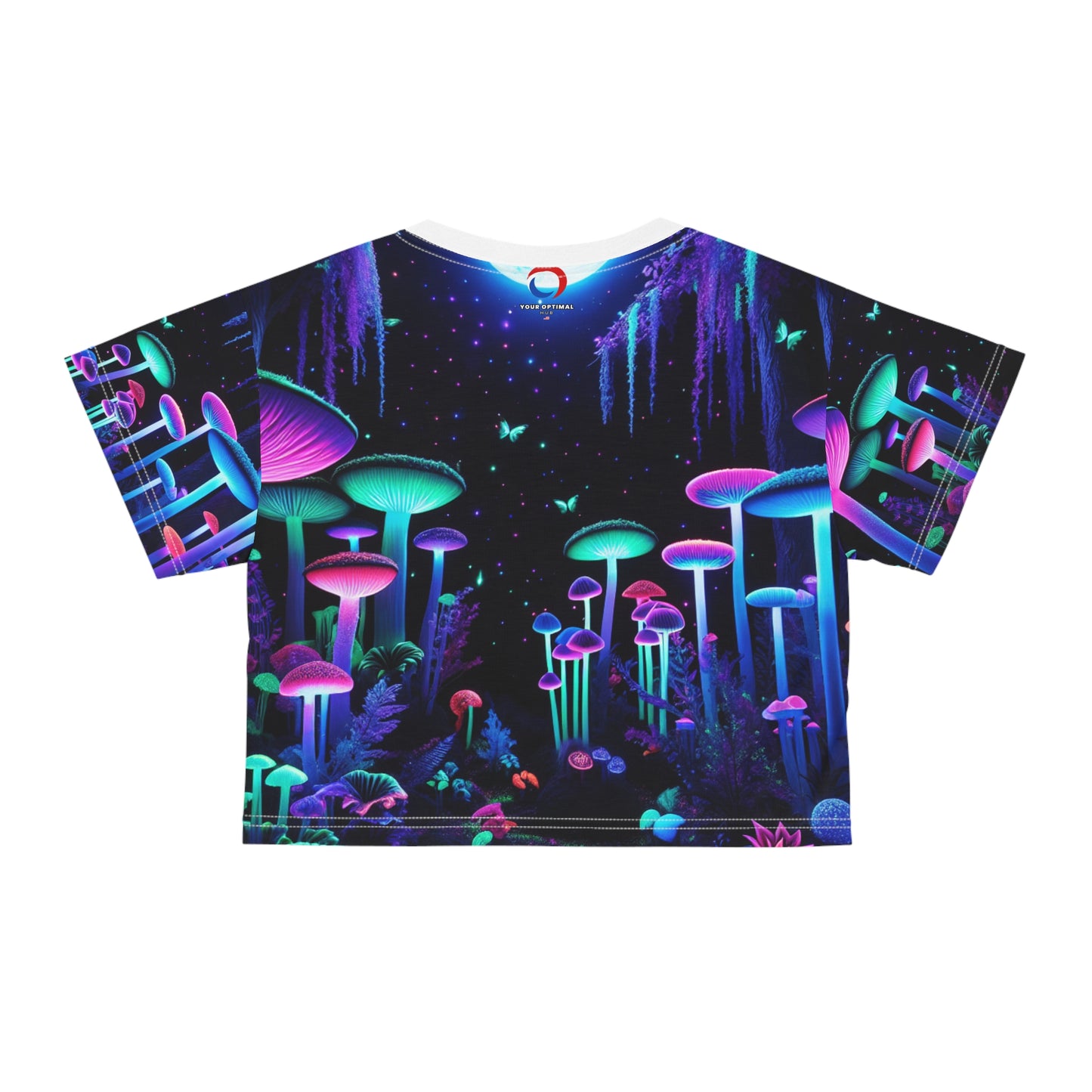 Surreal Blacklight Reactive Moonlit Forest Crop Tee - Women's UV Glow-in-the-dark Neon Mushroom & Firefly Print - Women's Blacklight Tee