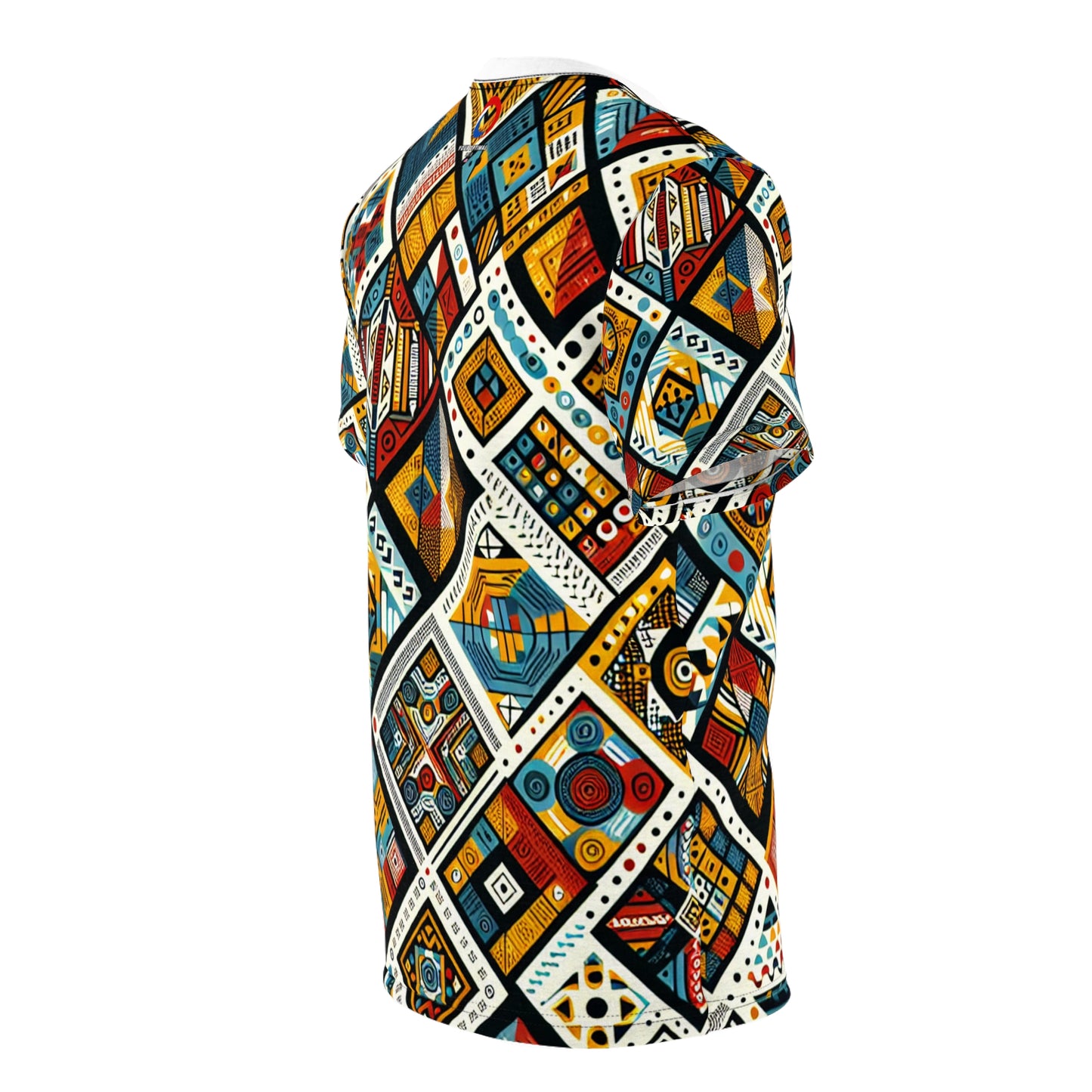 Vibrant African Tribal Diamond Grid T-shirt: Bold Colors, Intricate Textures & Symbols - African Tribal Pattern-Inspired Tee