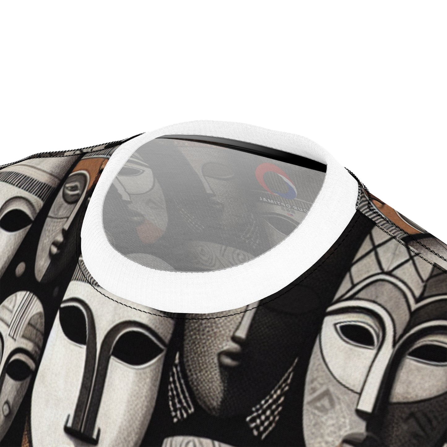 Chic African Heritage Tapestry T-Shirt- Modern Monochrome Masks with Orange Accents - African Tribal Pattern-Inspired Tee