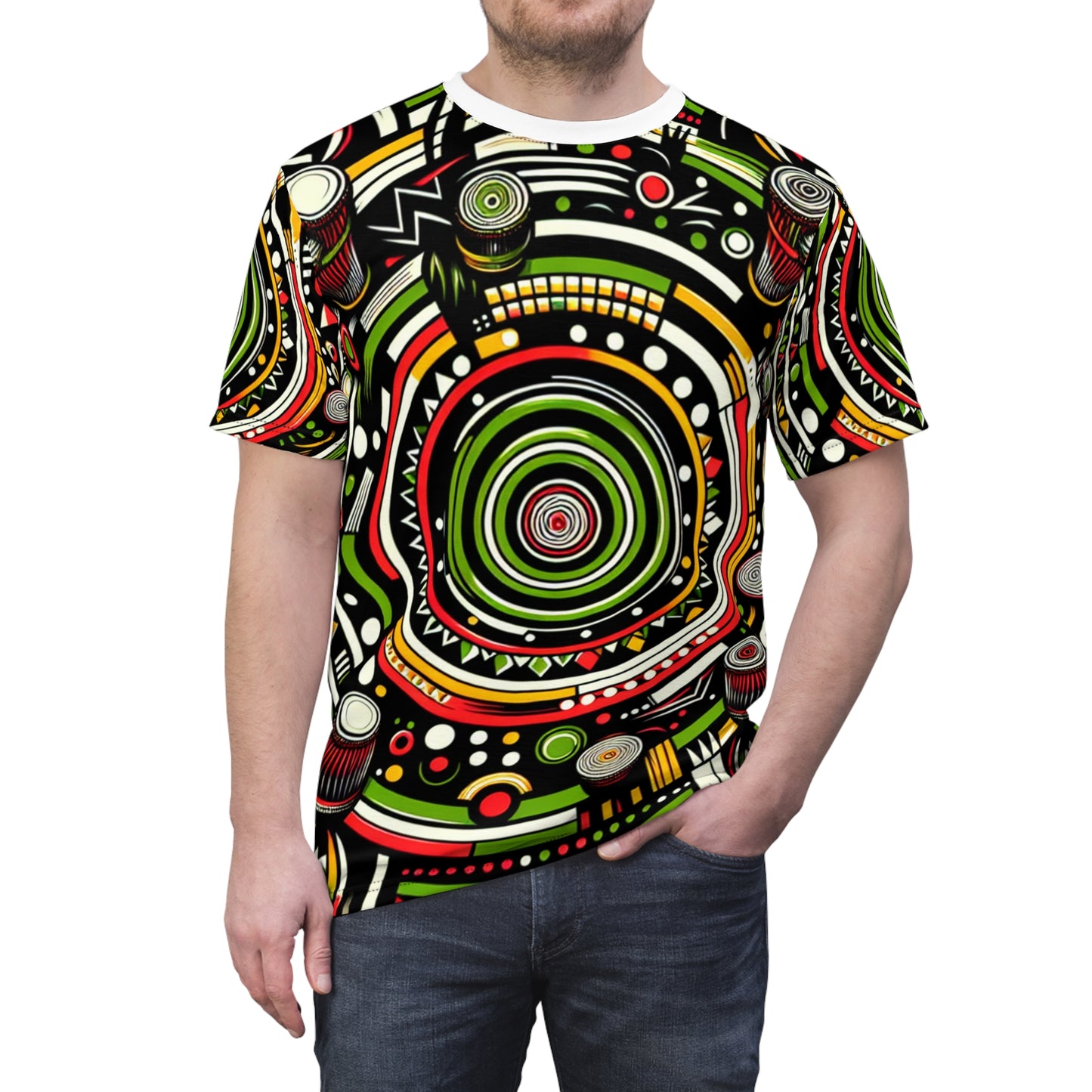 African Rhythm Dance Party T-Shirt: Bold Circles & Radiating Lines in Vibrant Hues - African Tribal Pattern-Inspired Tee