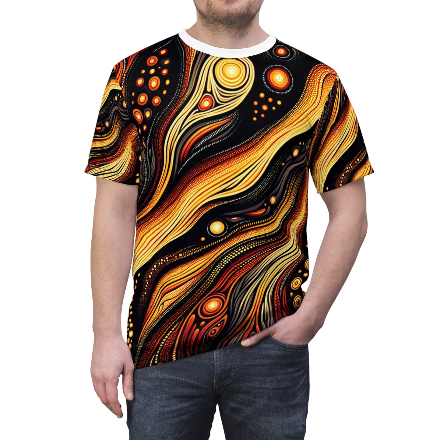 Volcanic Spirit T-Shirt: Aboriginal Art Inspired, Fiery Landscape Pattern, Bold Earthy Tones - African Tribal Pattern-Inspired Tee
