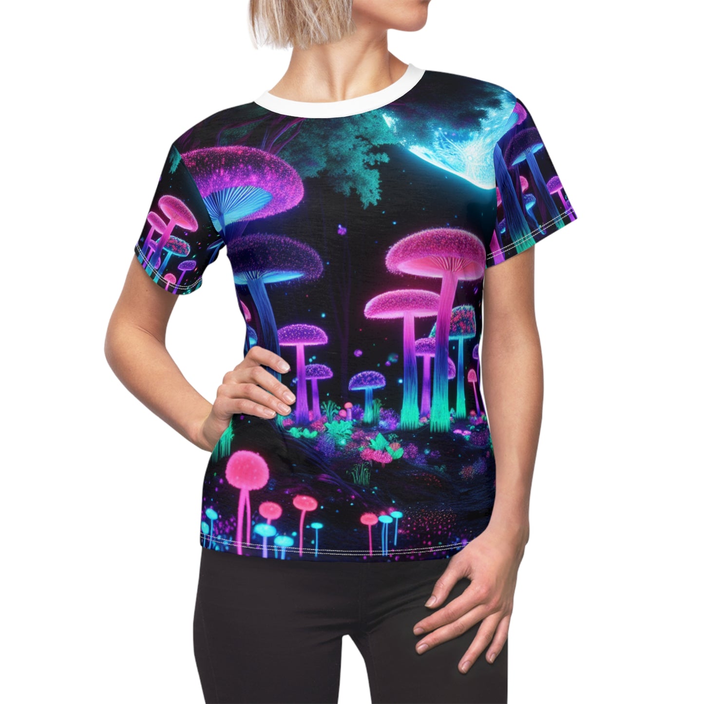 Women's Blacklight Forest T-Shirt – Surreal Neon Moonlit Scene with Glowing Mushrooms and Enchanted Details - Women's Blacklight Tee