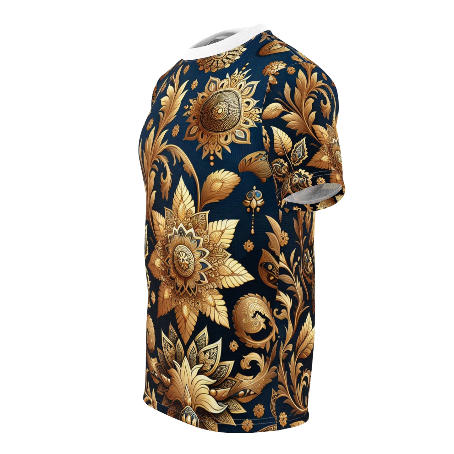 Golden Heritage - Traditional Indian Motif Patterned T-shirt: Seamless Intricate Design, Floral & Geometric Shapes, Rich Gold on Cool Blue