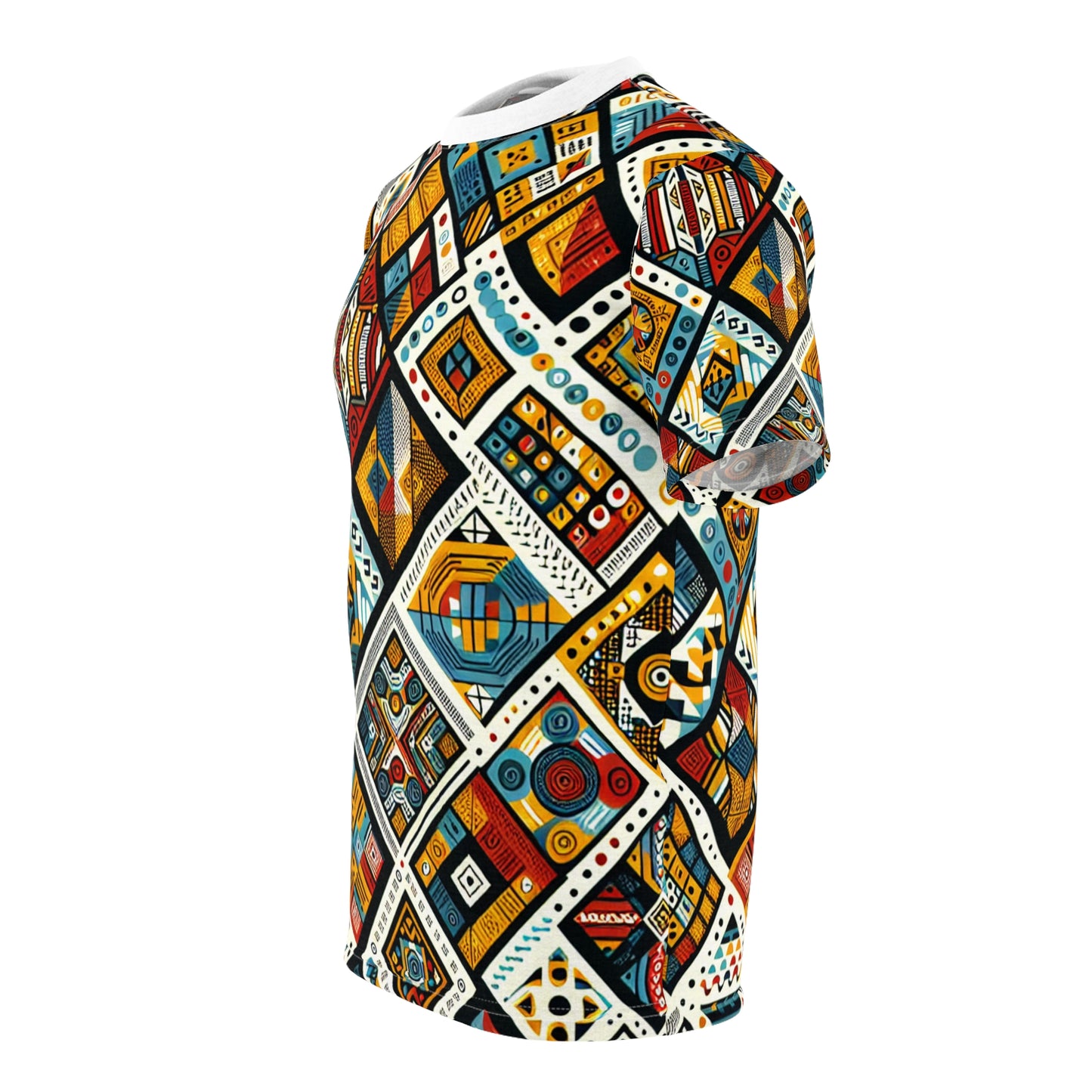 Vibrant African Tribal Diamond Grid T-shirt: Bold Colors, Intricate Textures & Symbols - African Tribal Pattern-Inspired Tee
