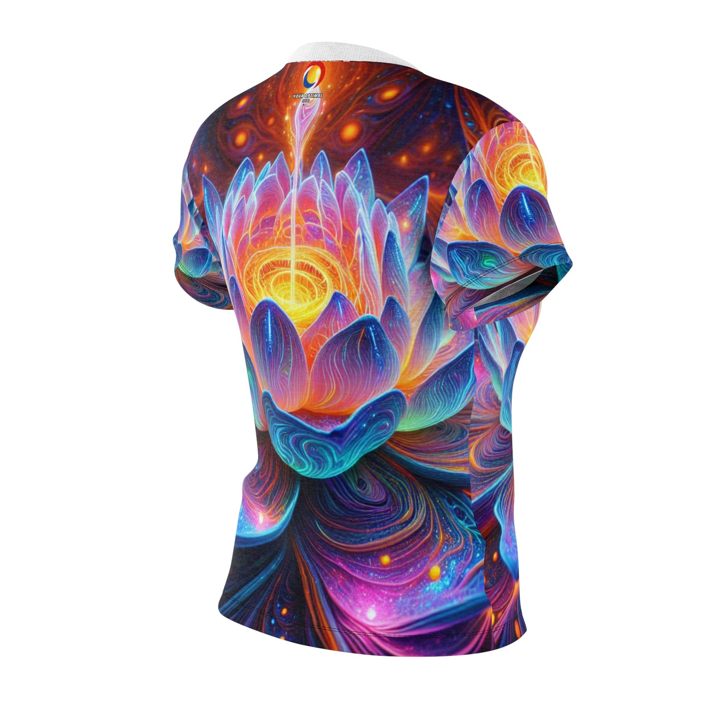 Bioluminescent Alien Lotus Flower Tee: UV-Reactive Cosmic Energy in Vibrant Neon Colors - Women's Blacklight Reactive Tee