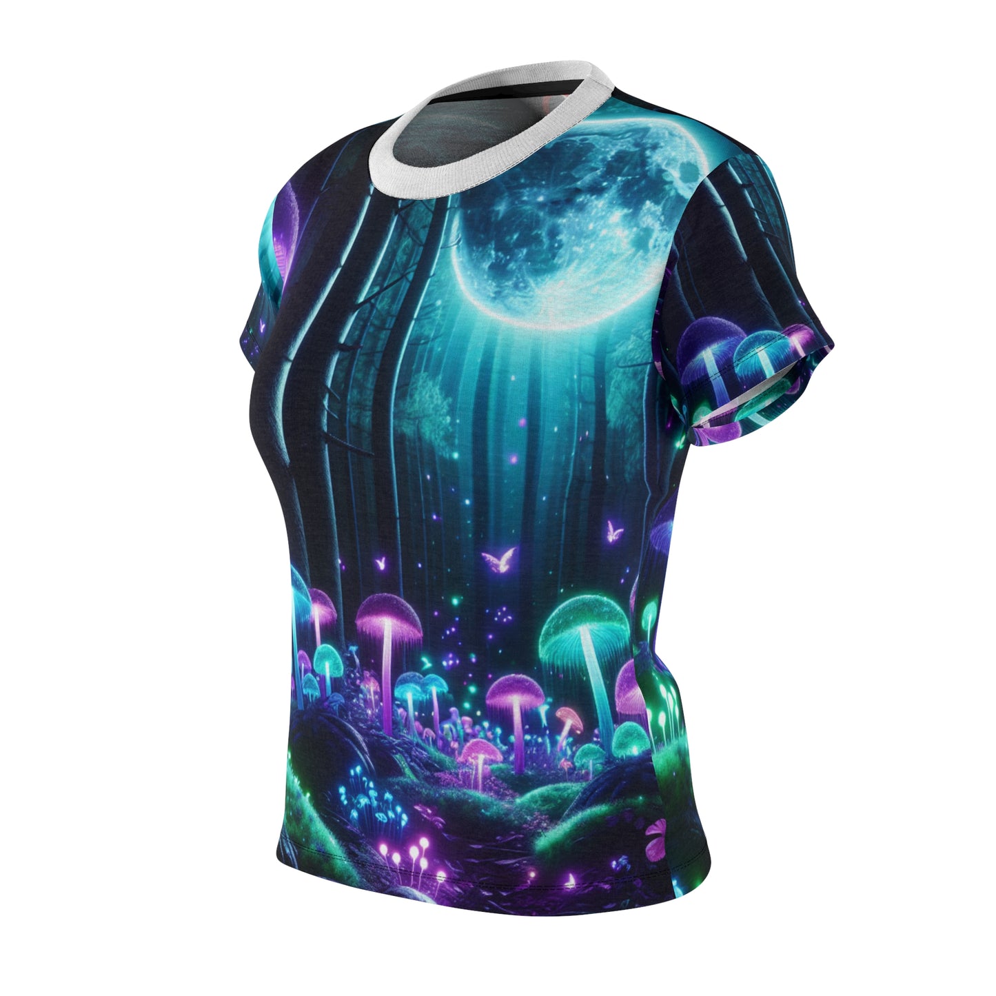 Women's Blacklight-Glow Otherworldly Forest T-Shirt- Neon Enchanted Mushroom with Bioluminescent Flora - Women's Blacklight Tee