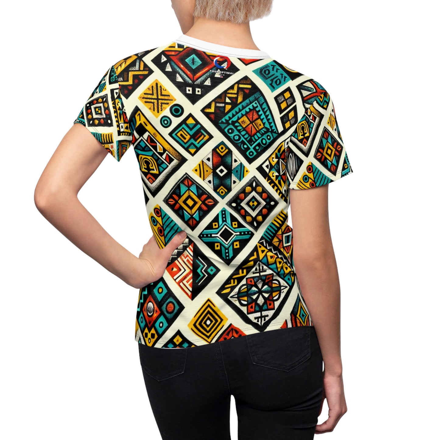 African Storytelling Geo Vibrance Women's T-shirt - Tribal Diamond Pattern, Primary Color Palette - African Tribal Pattern-Inspired