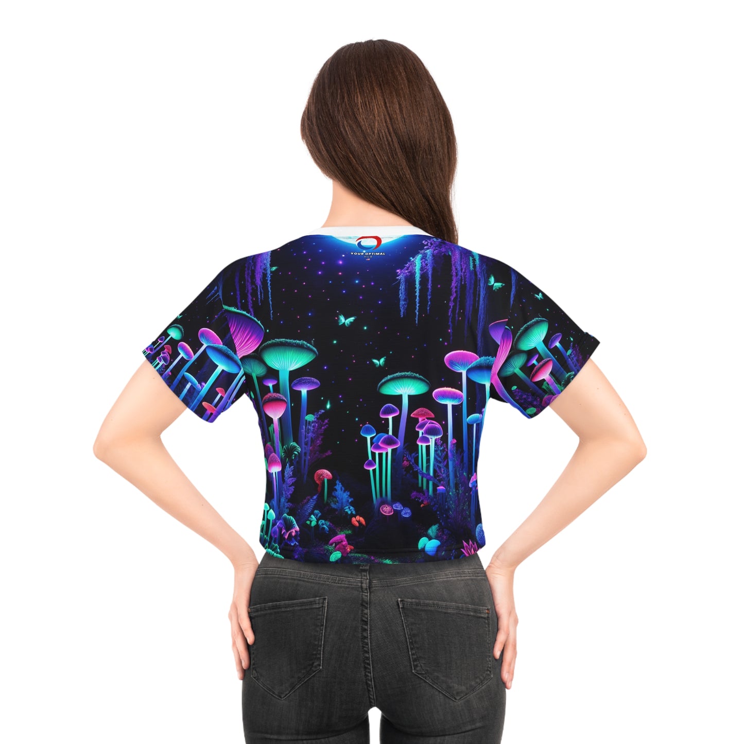 Surreal Blacklight Reactive Moonlit Forest Crop Tee - Women's UV Glow-in-the-dark Neon Mushroom & Firefly Print - Women's Blacklight Tee