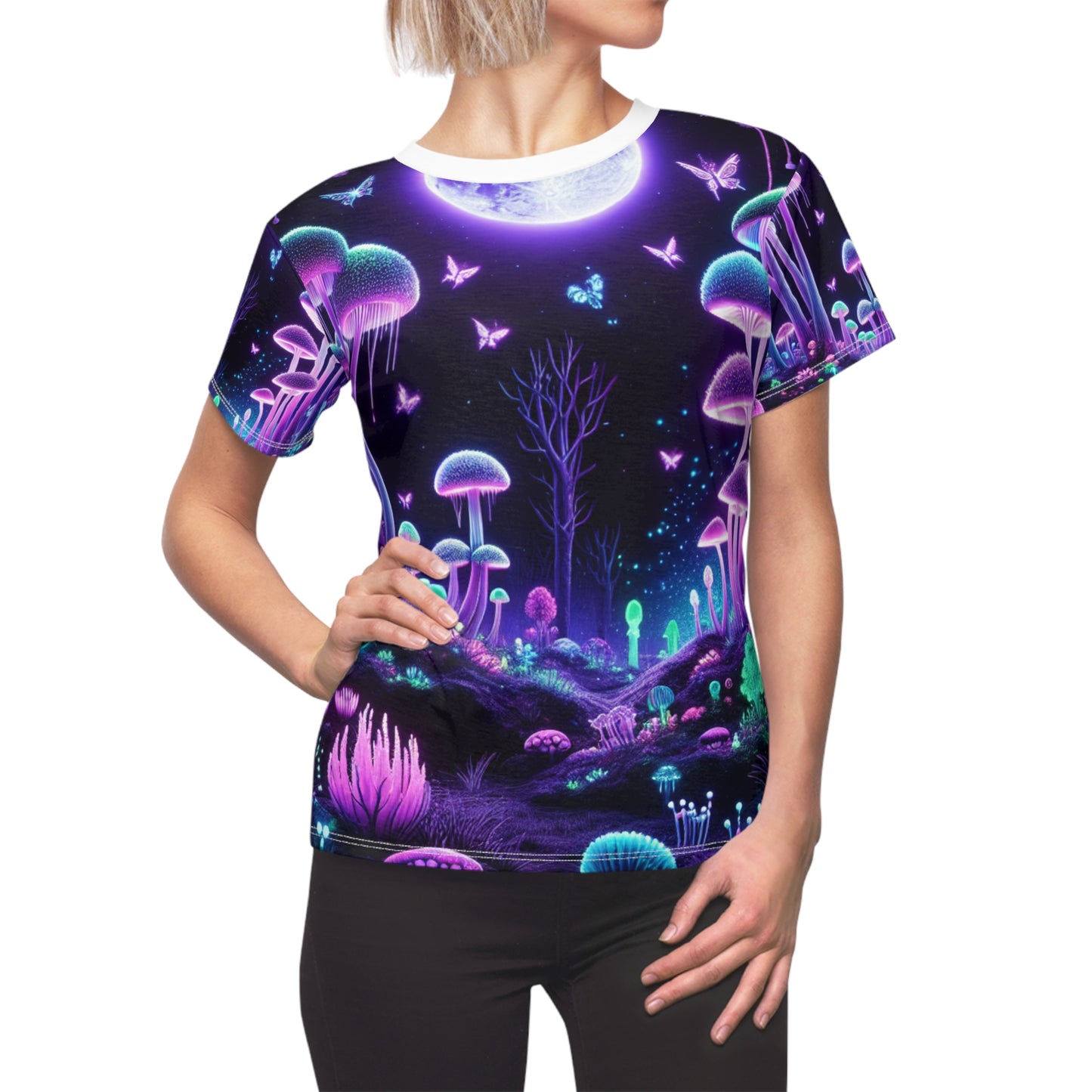 Psychedelic Forest Neon Women's T-shirt: Surreal Blacklight Reactive, Luminous Mushroom & Starry Night Sky - Women's Blacklight Tee
