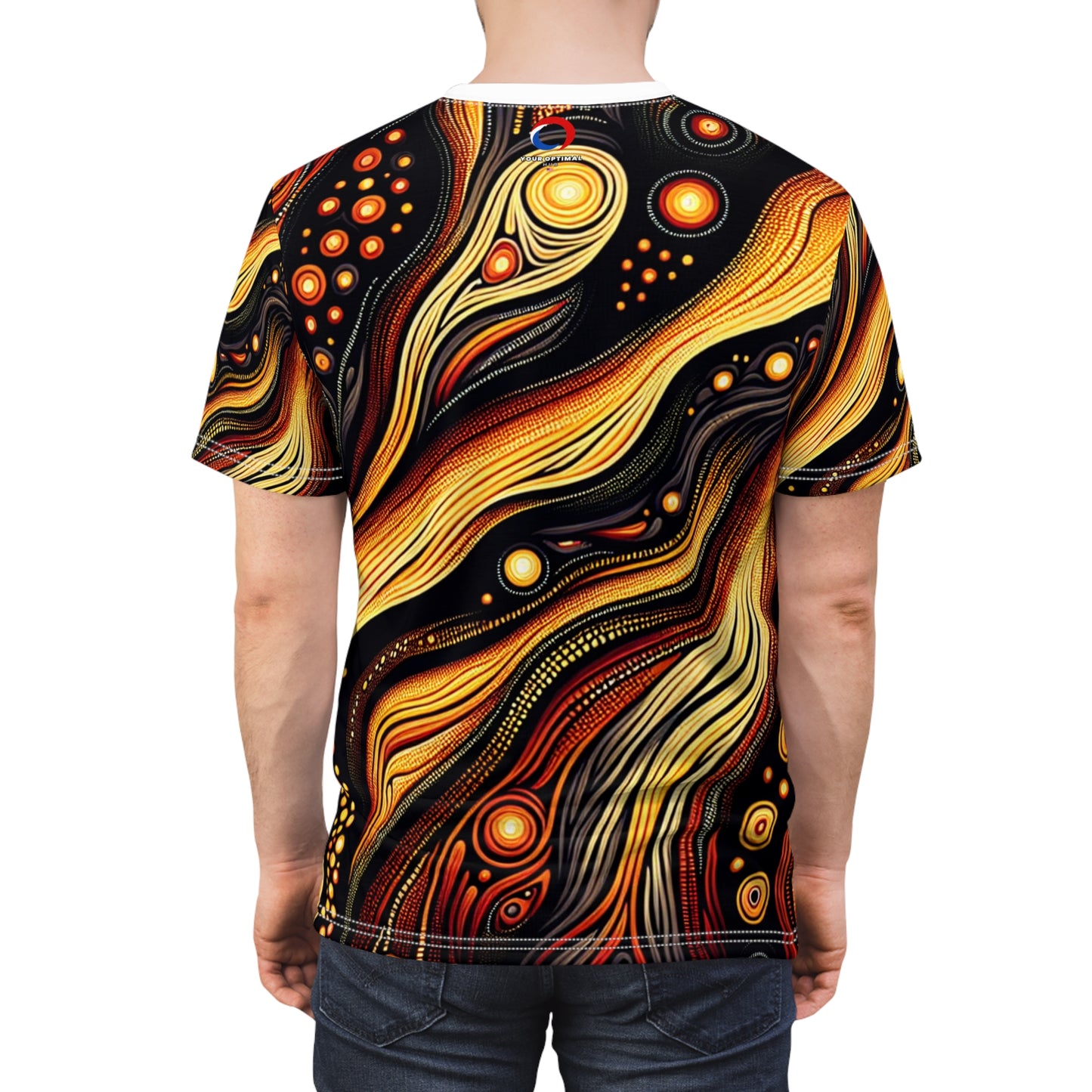 Volcanic Spirit T-Shirt: Aboriginal Art Inspired, Fiery Landscape Pattern, Bold Earthy Tones - African Tribal Pattern-Inspired Tee
