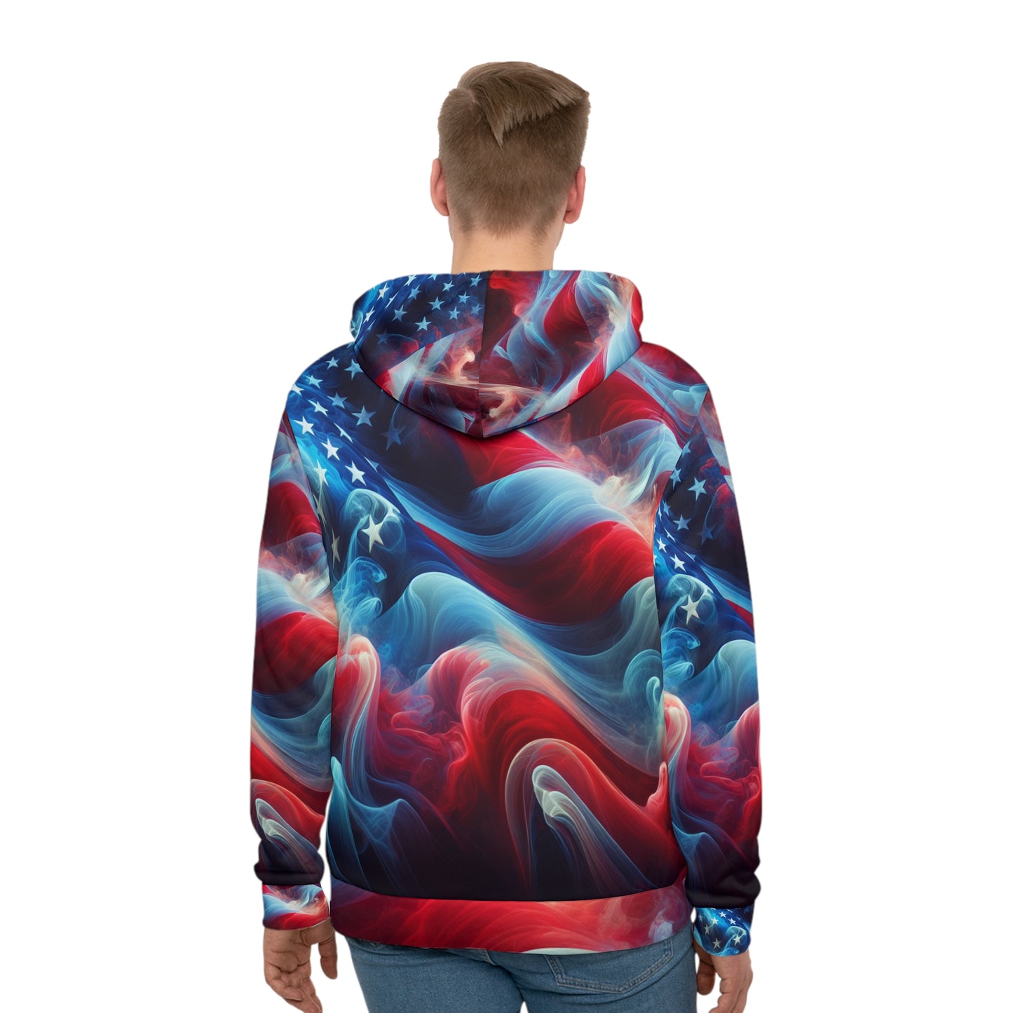 Mystic American Flag Hoodie - Artistic Red & Blue USA Pride - Ethereal Smoke Overlay - Surreal Dreamlike Stars & Stripes Design
