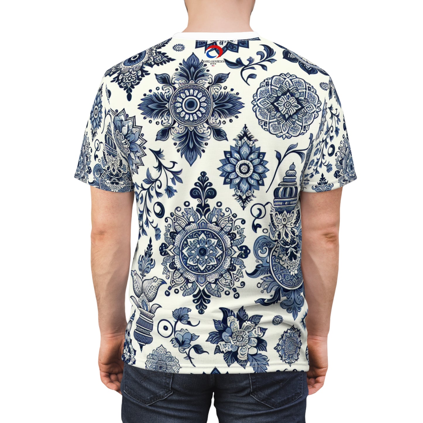 Classic Blue Minimalist T-Shirt Featuring an Intricately Scattered Traditional Indian Motifs Pattern - Modern Indian Design Tee