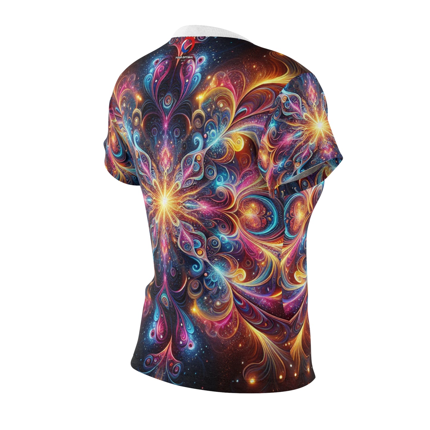 Psychedelic Mandala Women's T-Shirt - Cosmic Blue, Pink, Orange & Yellow Radiant Design on Dark Backdrop - Women's Trippy Tee