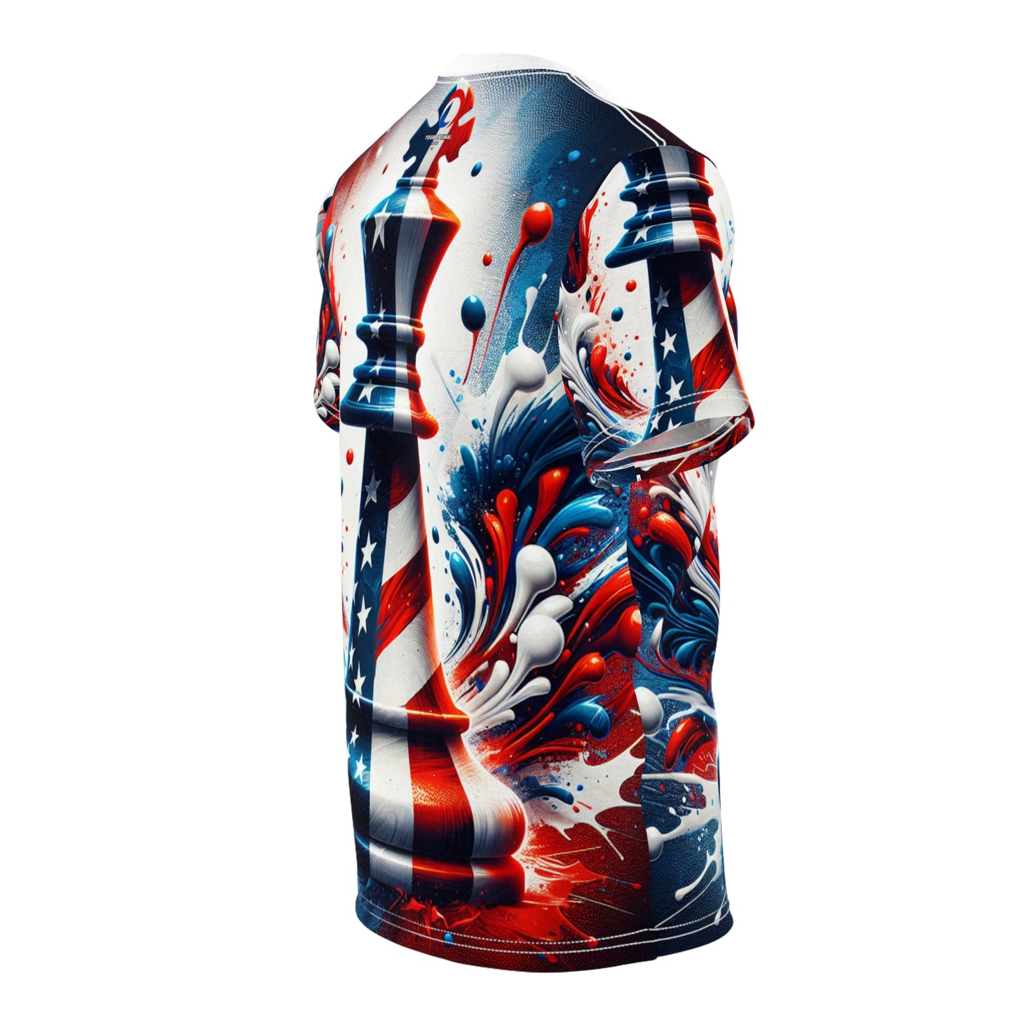 Strategic American Pride: Artistically Rendered Chess King Piece T-Shirt Embossed with Dynamic USA Flag Design - Patriotic Streetwear Tee