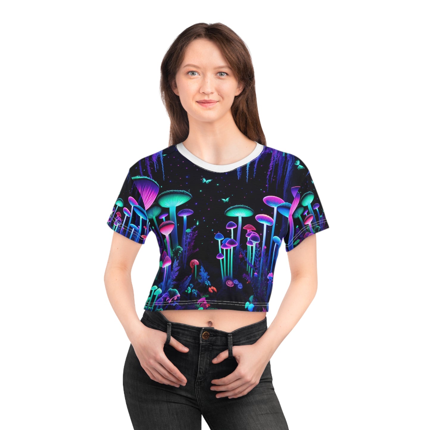 Surreal Blacklight Reactive Moonlit Forest Crop Tee - Women's UV Glow-in-the-dark Neon Mushroom & Firefly Print - Women's Blacklight Tee