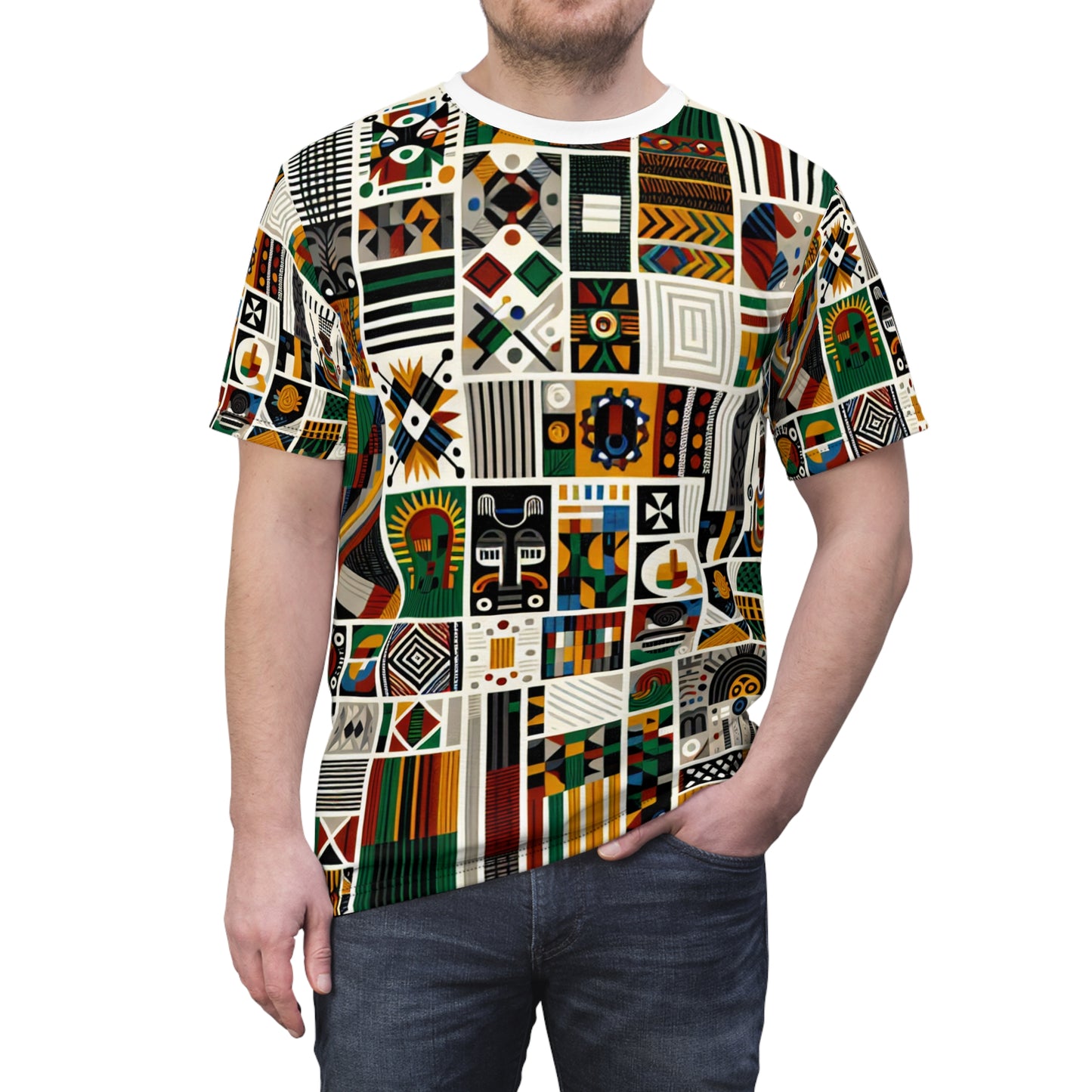 Pan-African Pride T-shirt: Bold Geometric & Cultural Symbols in Vibrant Kente Collage - African Tribal Pattern-Inspired Tee