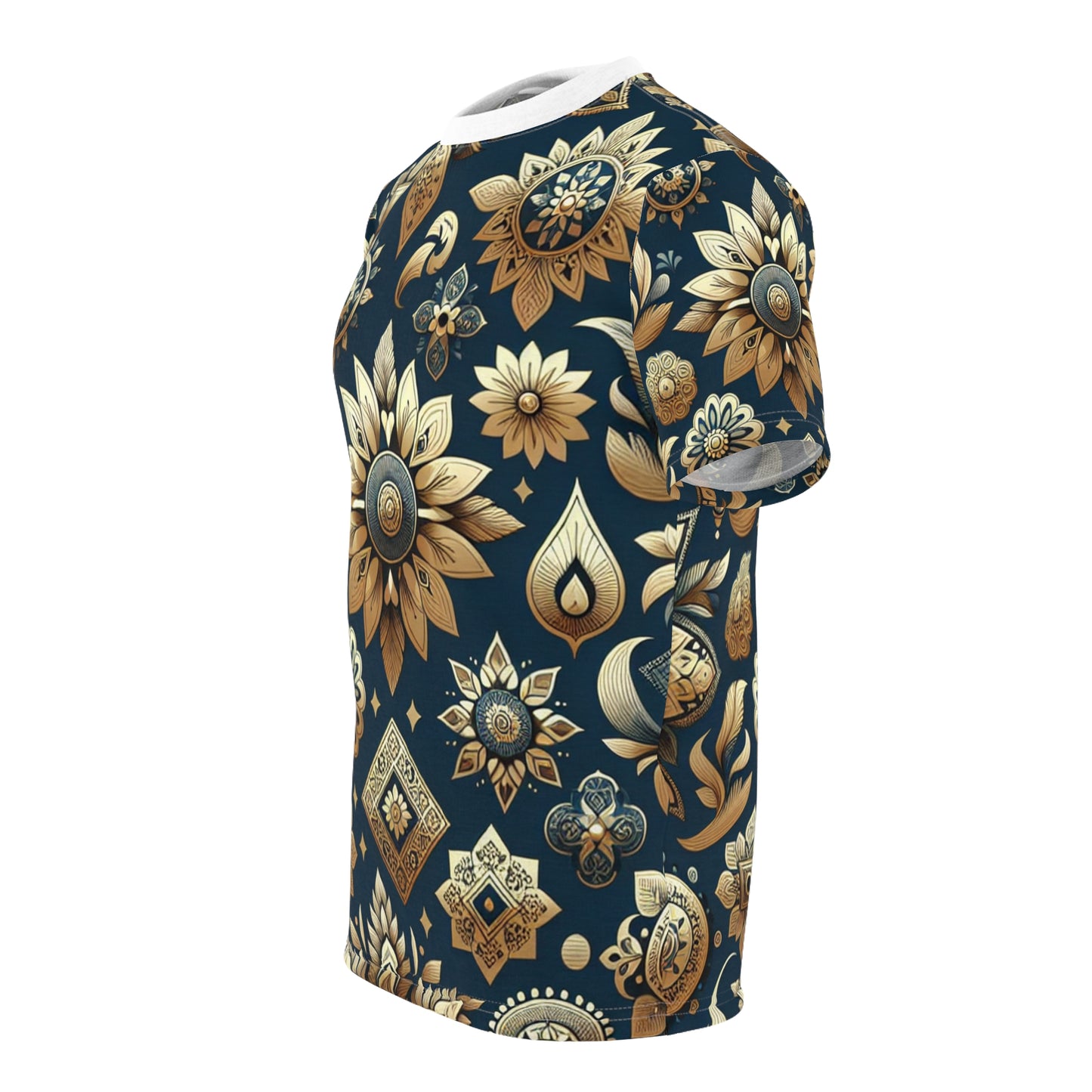 Indian Heritage Gold Motif Seamless Pattern T-Shirt - Shiny Gold Traditional Motifs on Rich Blue Background - Intricate Floral and Geometric Design Tee