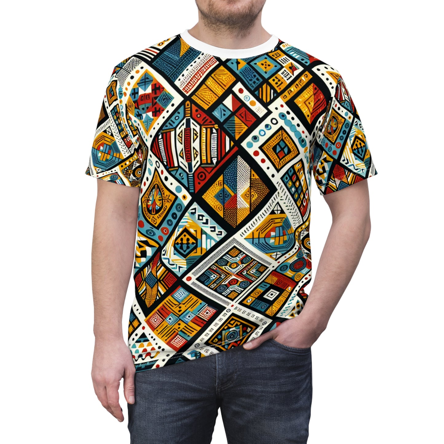 Vibrant African Tribal Diamond Grid T-shirt: Bold Colors, Intricate Textures & Symbols - African Tribal Pattern-Inspired Tee