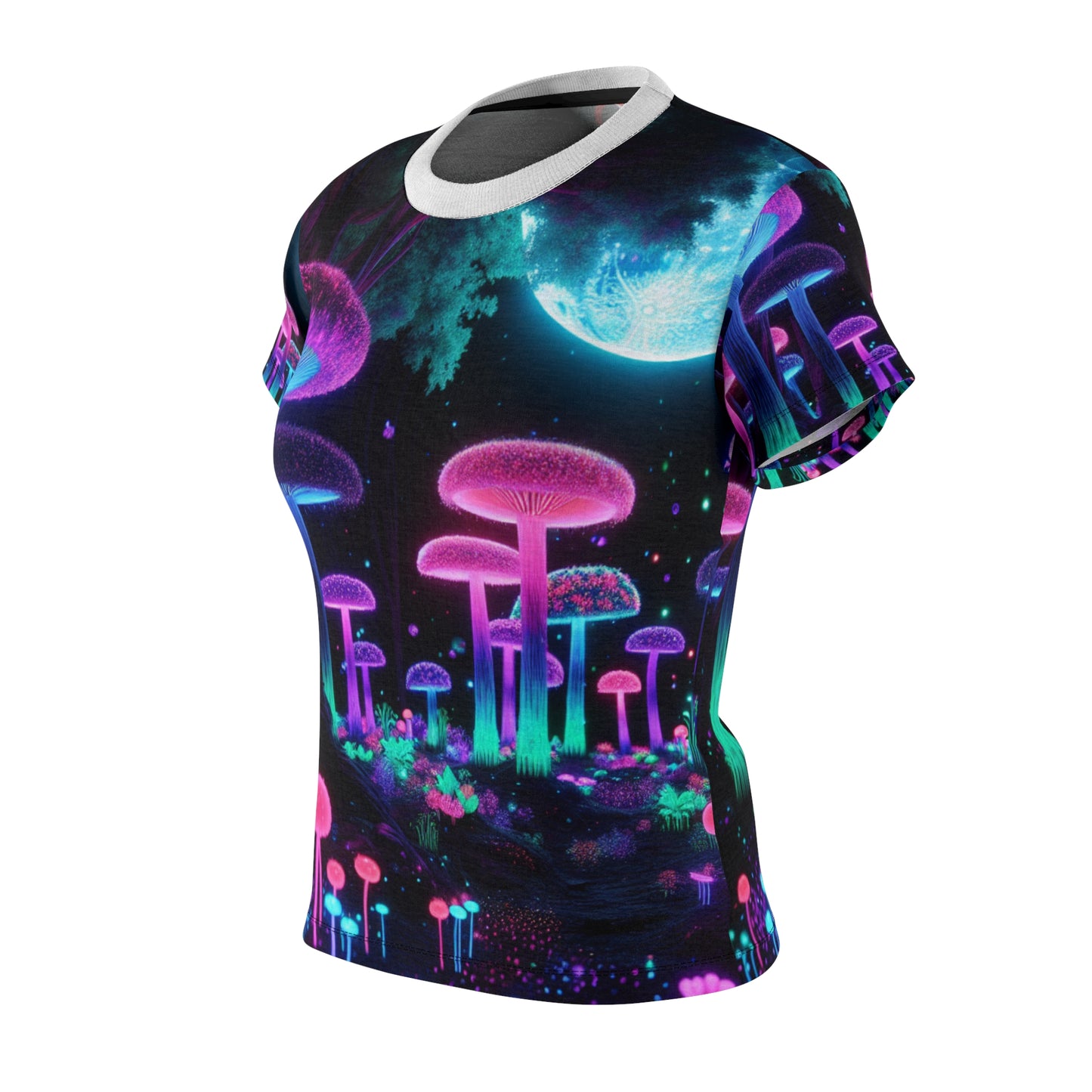 Women's Blacklight Forest T-Shirt – Surreal Neon Moonlit Scene with Glowing Mushrooms and Enchanted Details - Women's Blacklight Tee