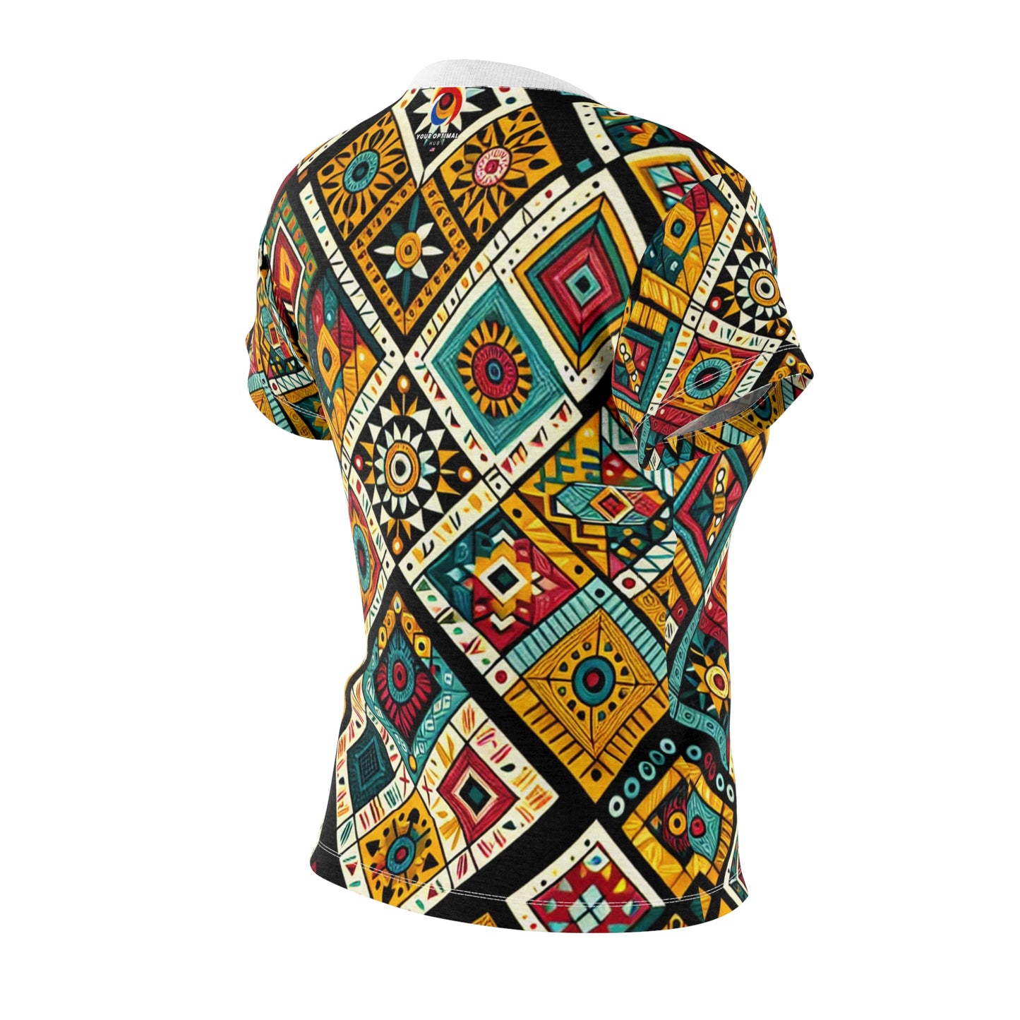 Vibrant African Storytelling Geometric-Pattern Women's T-shirt – Bold Colors & Tribal Symbols Shirt - African Tribal Pattern-Inspired