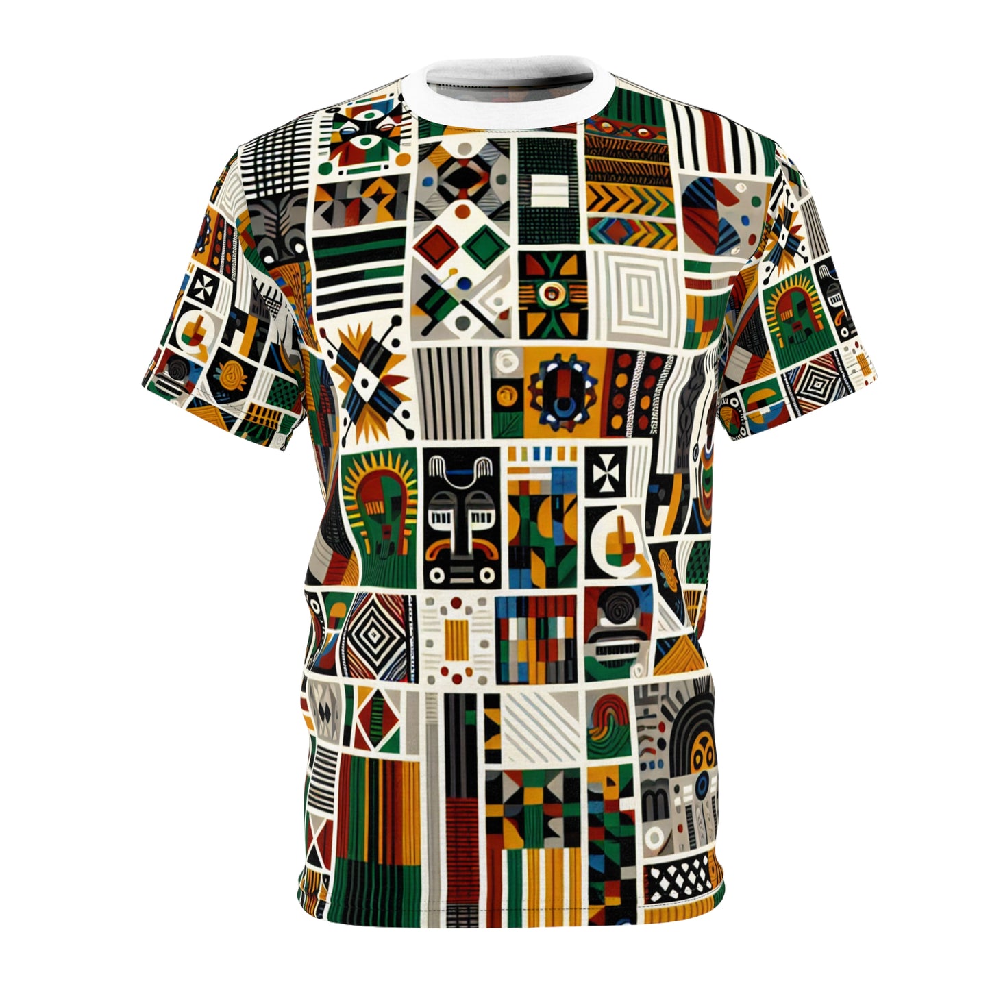Pan-African Pride T-shirt: Bold Geometric & Cultural Symbols in Vibrant Kente Collage - African Tribal Pattern-Inspired Tee