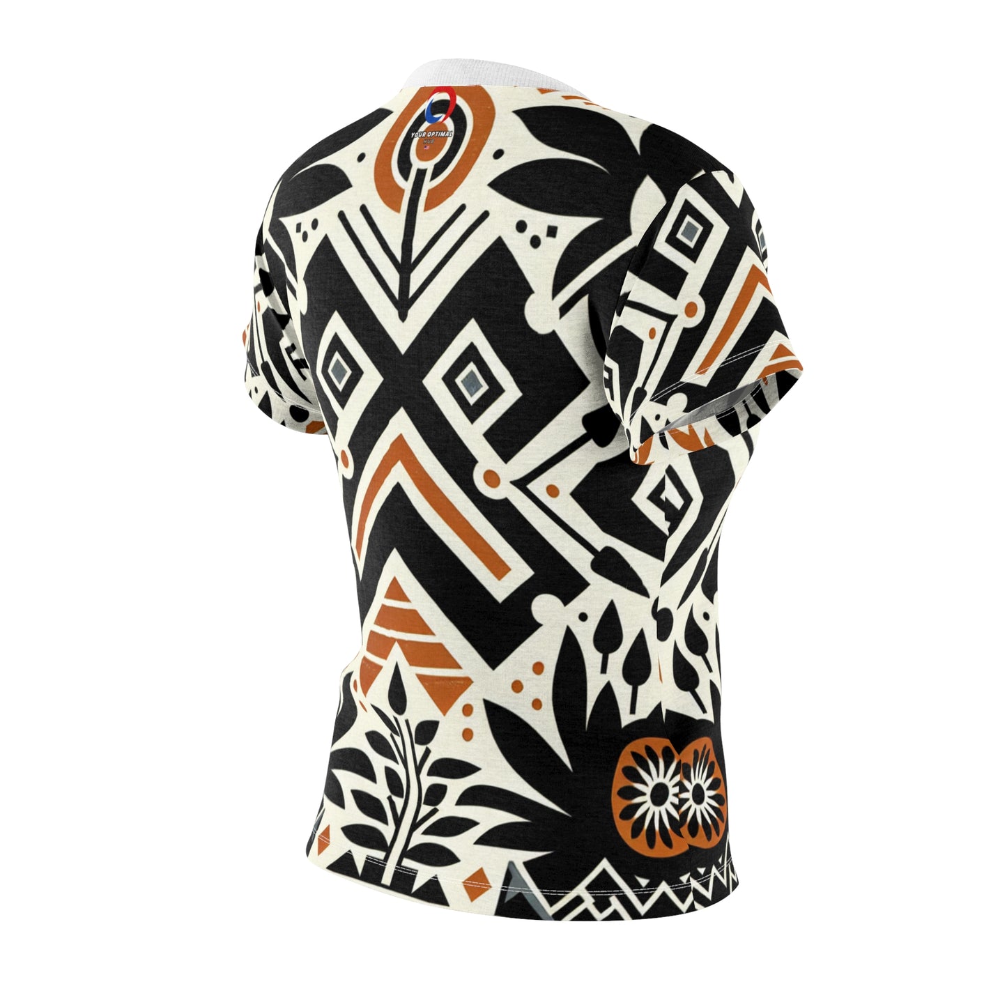 Modern African Fusion Women's Tee: Monochromatic, Orange Accents, Nature-Inspired Graphics - African Tribal Pattern-Inspired