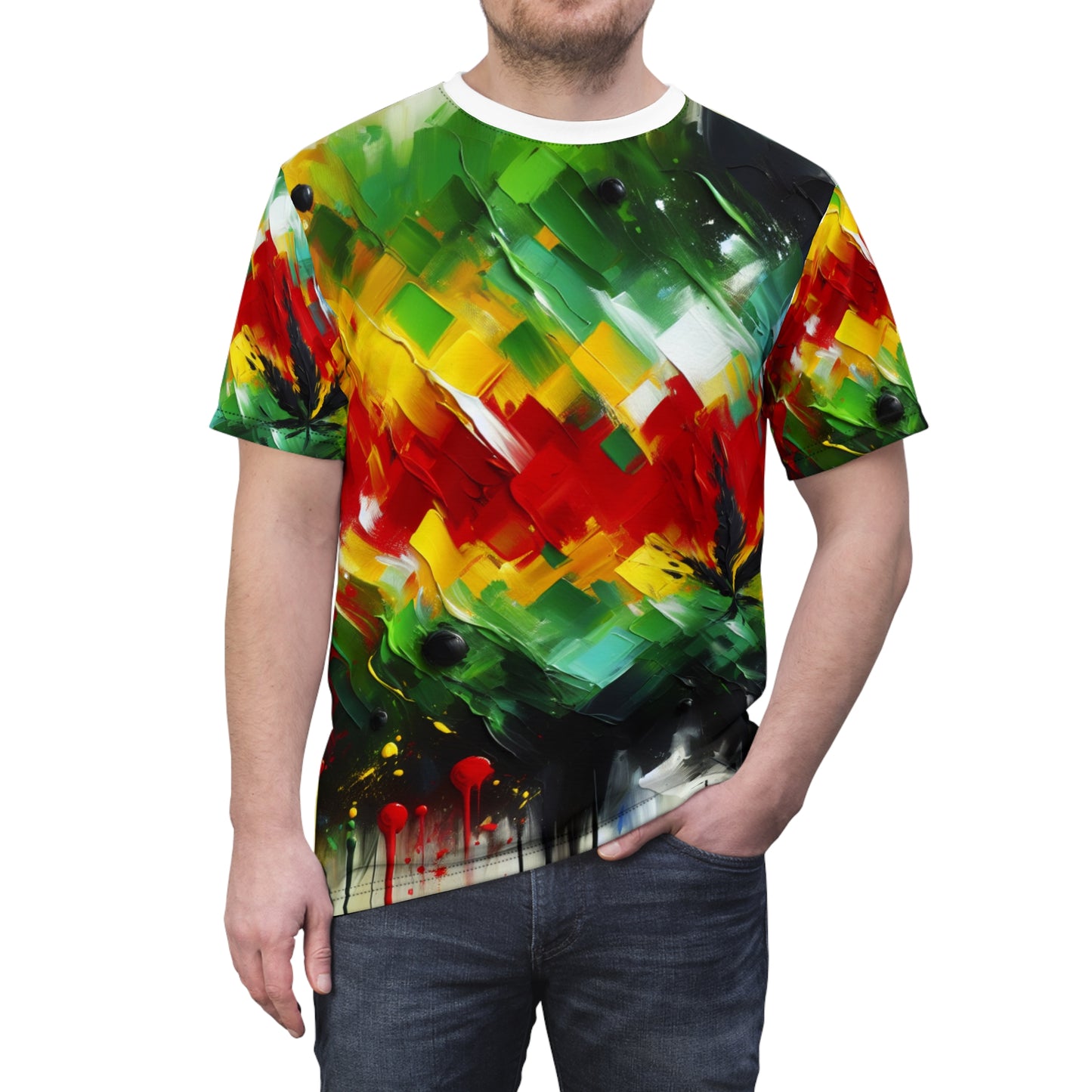 Rasta Splatter Painted T-shirt: Vibrant Abstract Art Unifying African Identity & Spirituality - Rastafarian Abstract Art-Inspired Tee