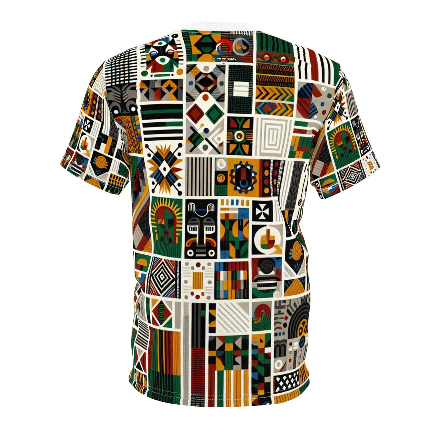 Pan-African Pride T-shirt: Bold Geometric & Cultural Symbols in Vibrant Kente Collage - African Tribal Pattern-Inspired Tee