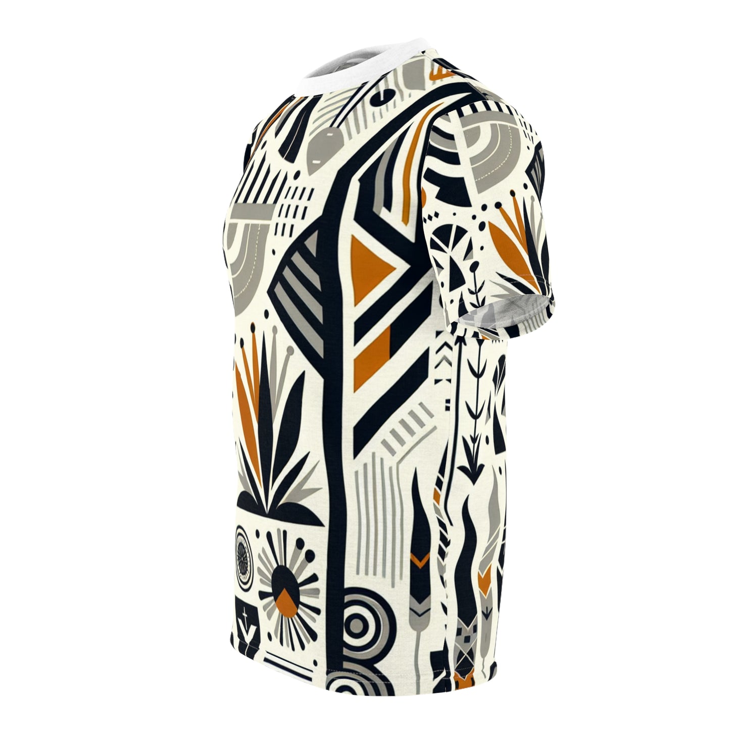 Modern African-Graphic Fusion Tee - Monochrome & Orange, Nature-Warfare Symbols - African Tribal Pattern-Inspired