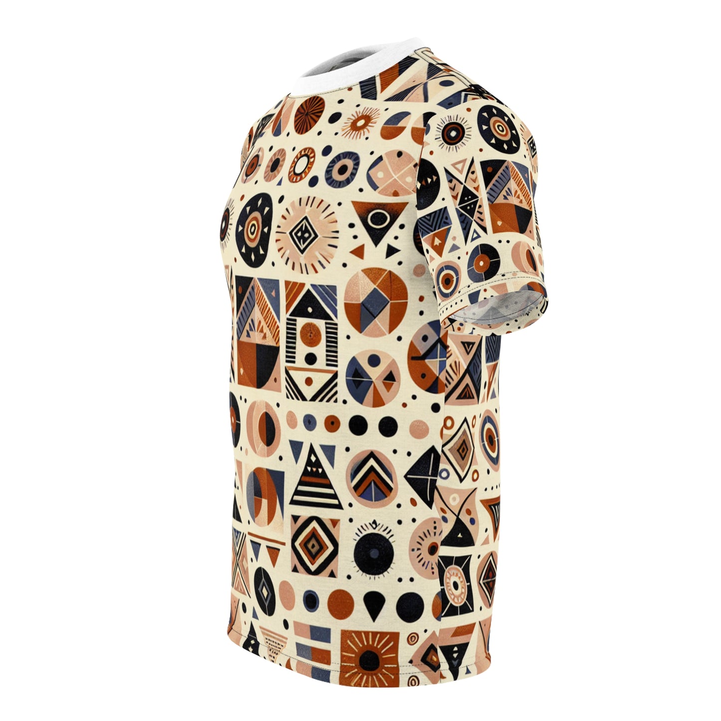 Berber-Inspired Geometric Tattoo Artistry T-Shirt; Earthy-tone Symbolic Storytelling Tee - African Tribal Pattern-Inspired