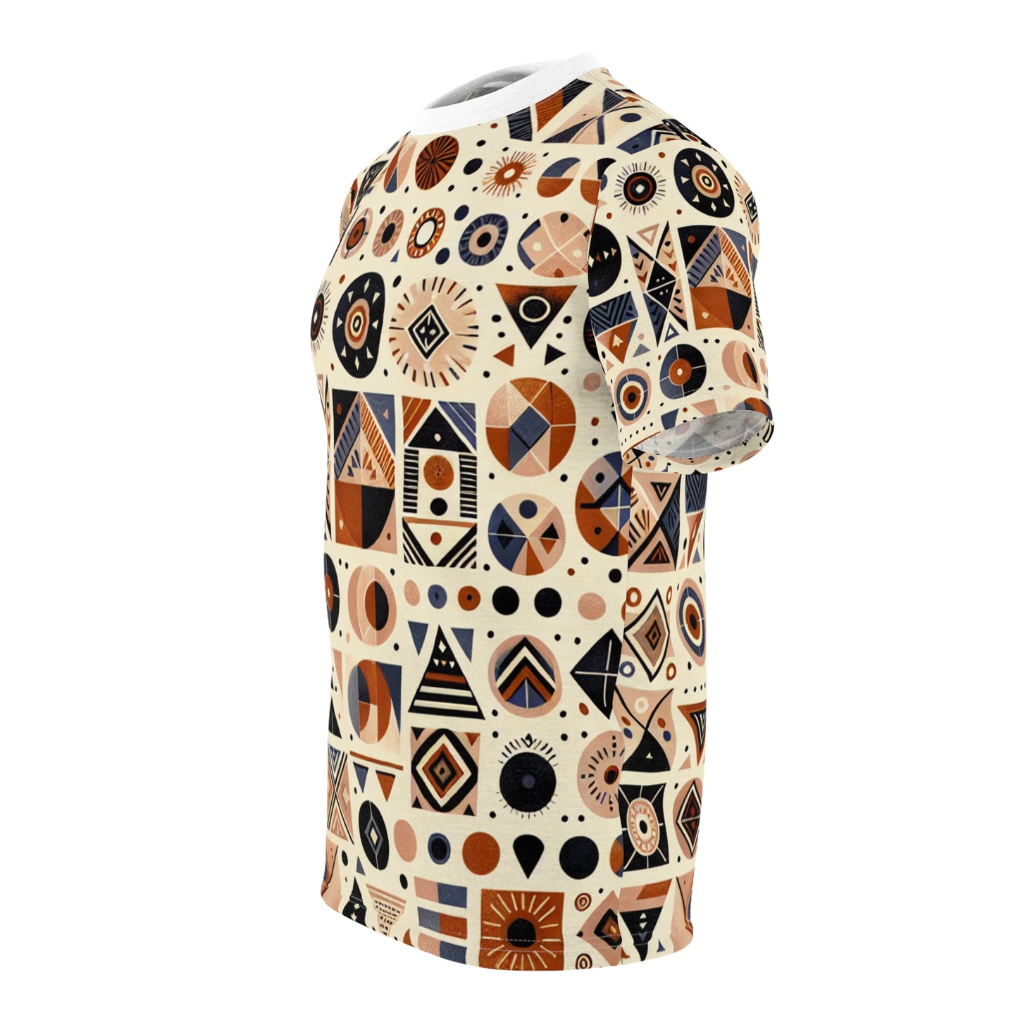 Berber-Inspired Geometric Tattoo Artistry T-Shirt; Earthy-tone Symbolic Storytelling Tee - African Tribal Pattern-Inspired