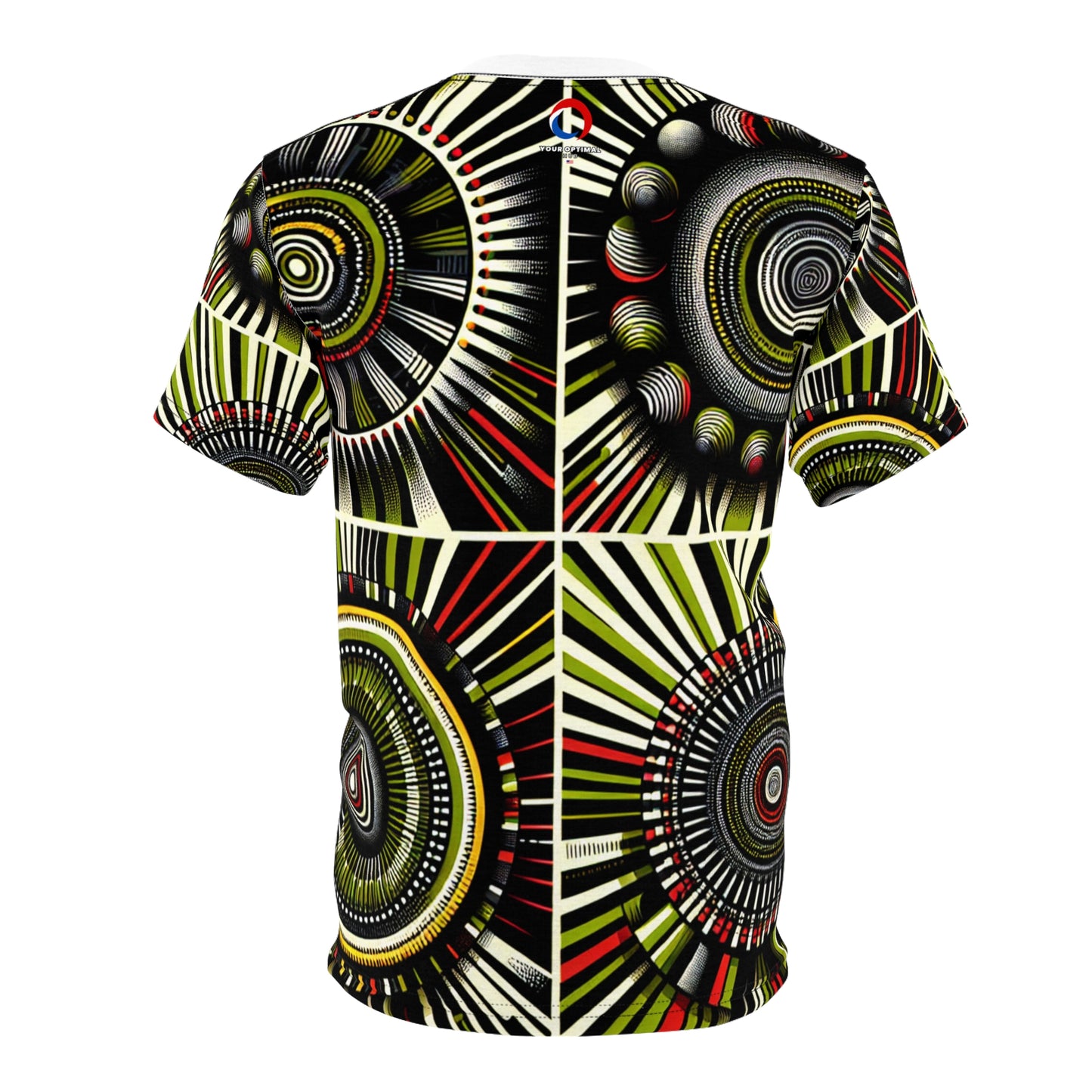 African Rhythm Dance T-Shirt: Vibrant Drum-Centric Celebration in Green & Red - African Tribal Pattern-Inspired Tee